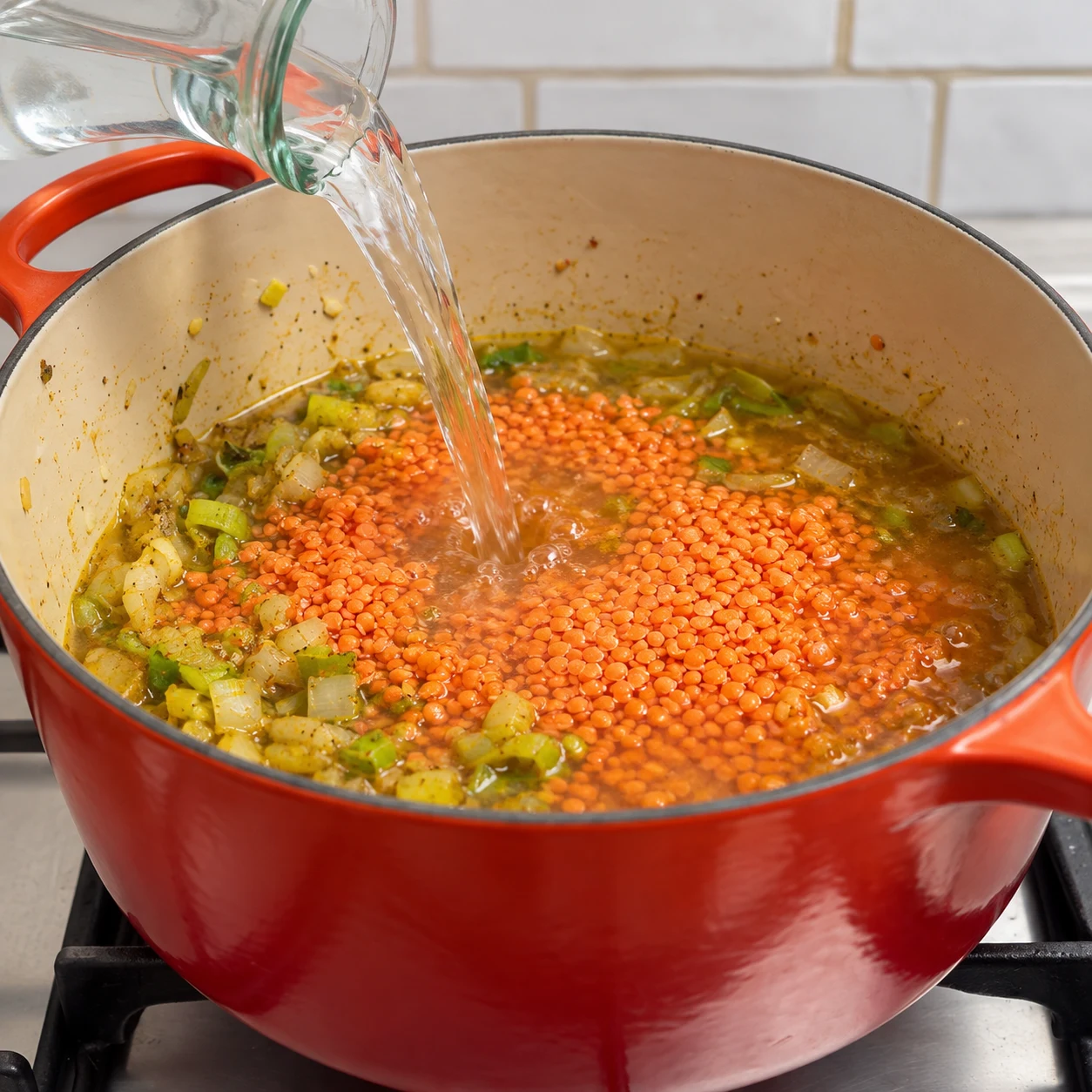 Une seule photo réaliste montrant cette action et son résultat : Versez les 30 cl d’eau dans la cocotte. Le liquide entoure les lentilles et les légumes. Seulement les ingrédients visibles de cette étape. Mains adultes anonymes si nécessaires, geste sûr.