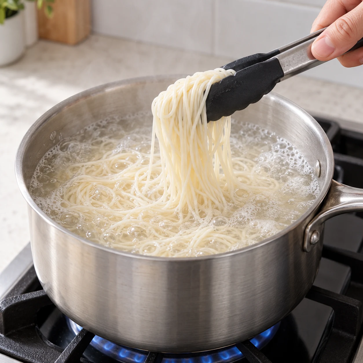Nouilles fines de blé bouillant dans une casserole, aucun ingrédient de sauce.
