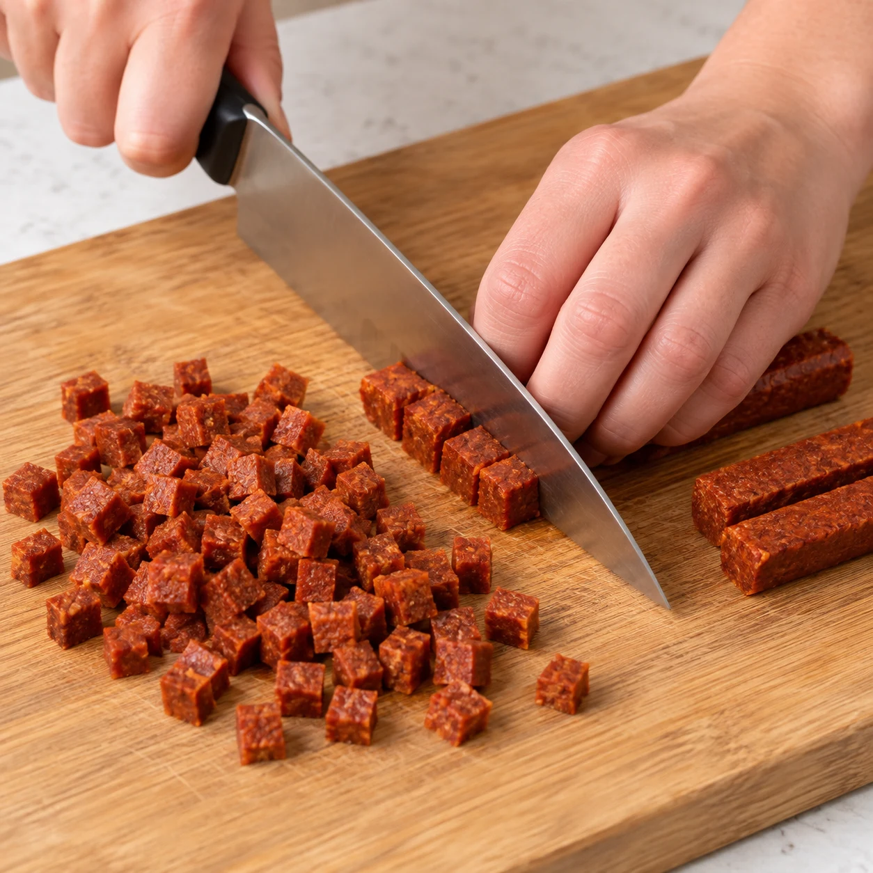 Une seule photo carrée : couper 60 g de bâtonnets de chorizo végétal rouge-brun en petits dés réguliers, main anonyme en griffe. Aucun autre ingrédient, pas de viande ni de gras blanc.