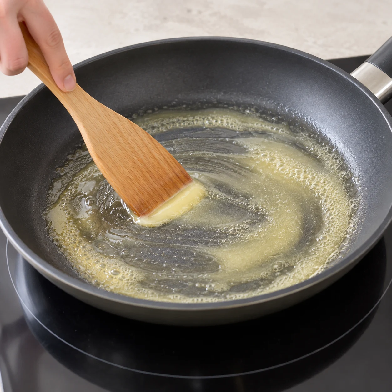 Faire fondre la margarine de cuisson : La margarine fondue tapisse le fond de la poêle.