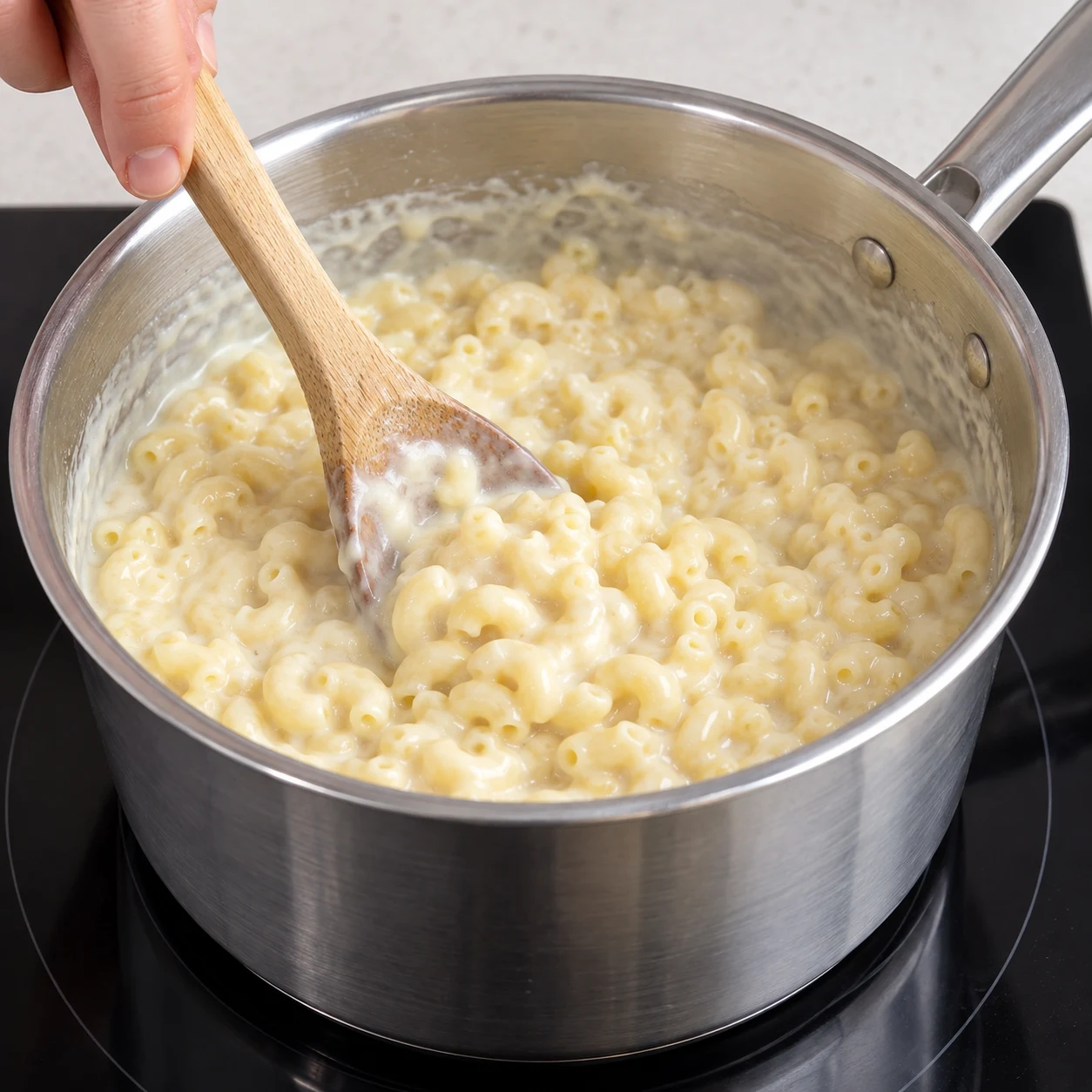 Remuer petites pâtes cuites en sauce blanche épaisse.