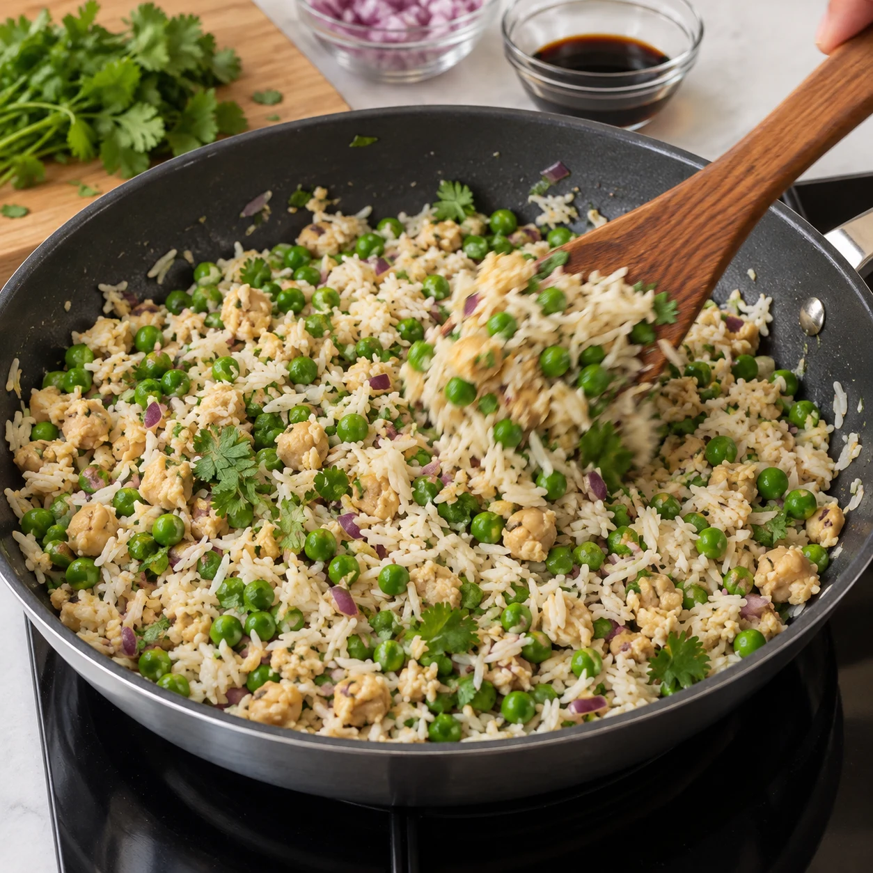 Mélanger le riz sauté : Le riz, les petits pois et les miettes de pois chiches forment un mélange homogène sans gros blocs.