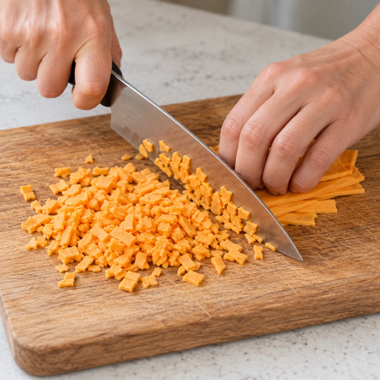 Une main anonyme tenant en griffe des tranches végétales orange sur une planche stable, autre main utilisant un couteau de cuisine pour former de très petits fragments ; aucune autre nourriture.