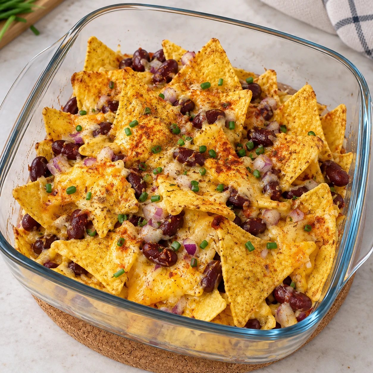 Nachos gratinés seuls dans le récipient en verre, aucun dessert ni main.