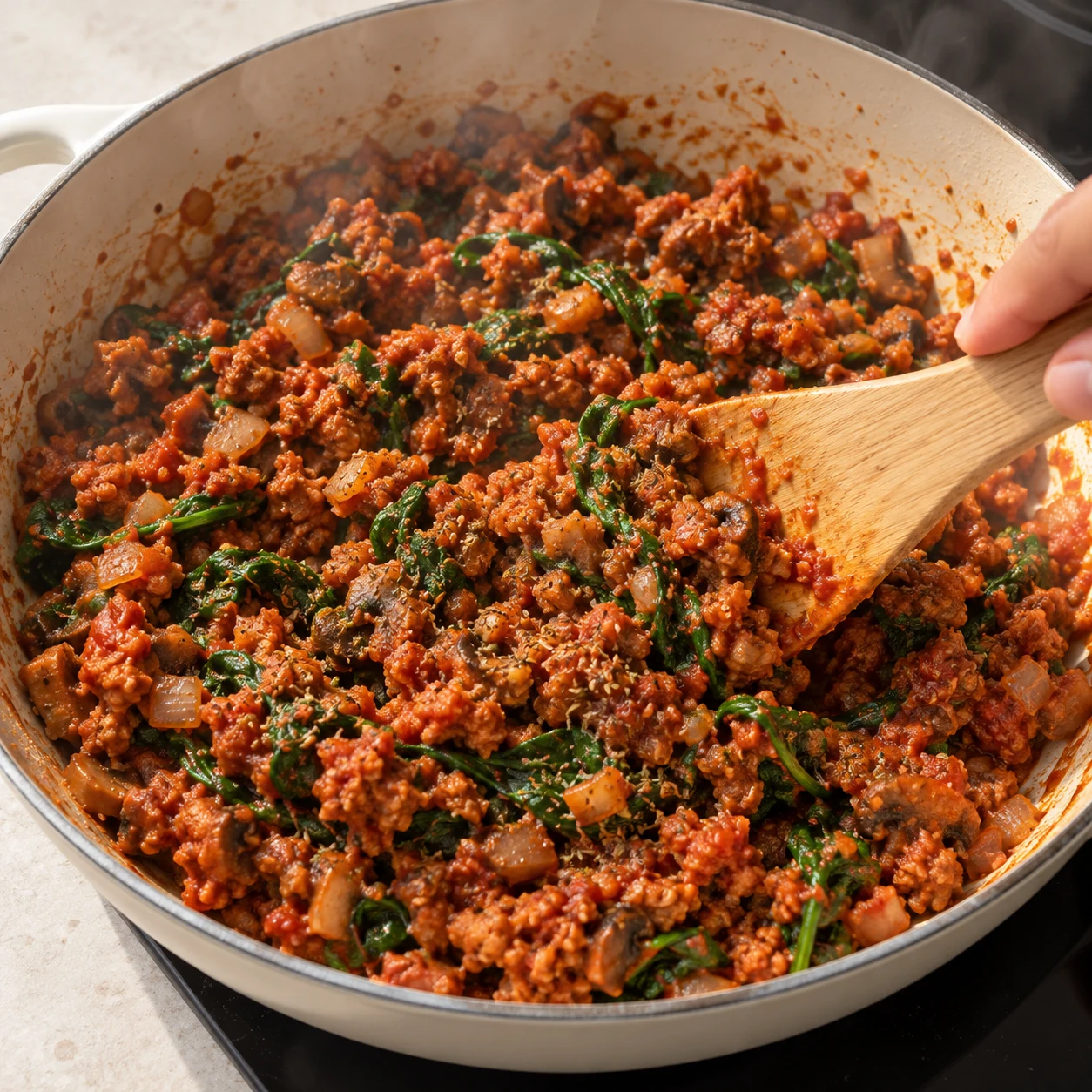 Incorpore les 5 càs de sauce tomate, l’ail, la poignée de pousses d’épinards et la càs d’herbes de Provence. Sale et poivre selon le goût, puis laisse cuire quelques minutes. Montrer le geste et l’état attendu : Les feuilles sont tombées et la farce est liée, sans liquide libre.