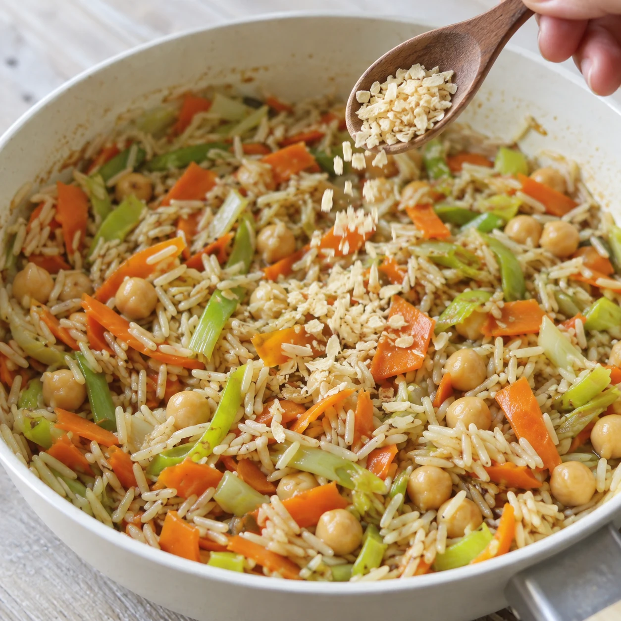 Ajout de petits fragments d’oignon déshydraté dans le riz aux pois chiches, carotte et poireau en cours de cuisson.