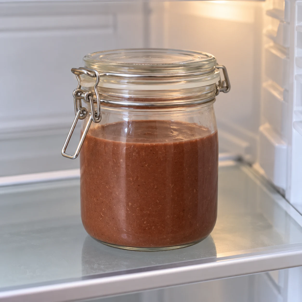 Bocal fermé contenant la crème chocolatée, sur une étagère du réfrigérateur.