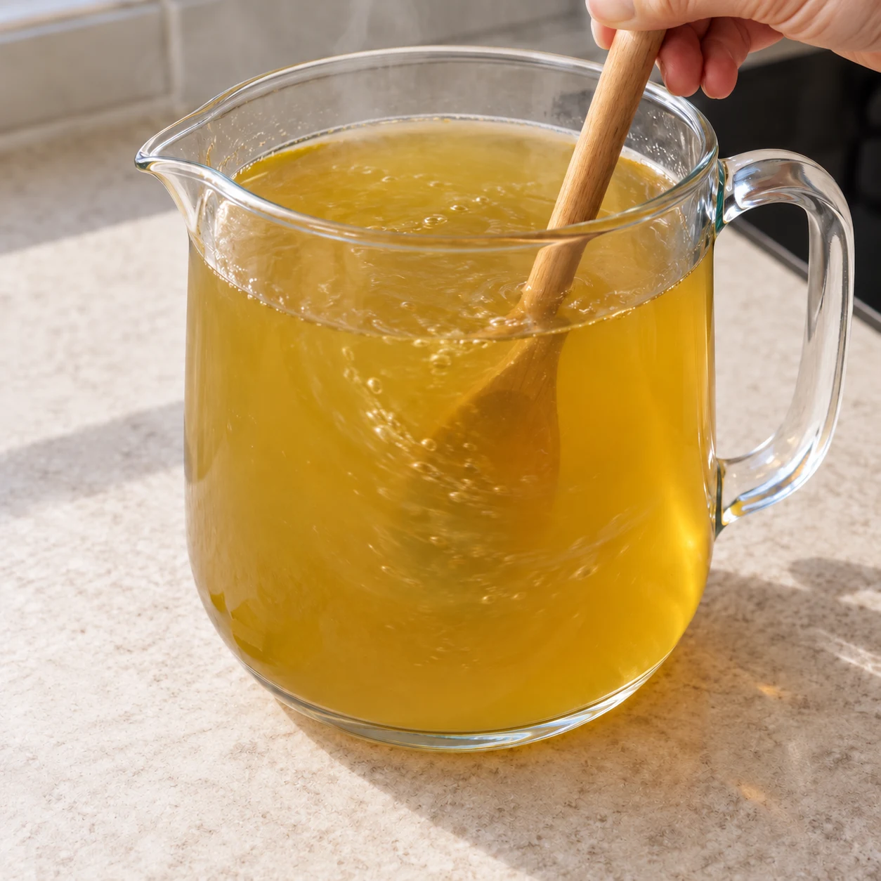 Une grande carafe résistante à la chaleur contenant le bouillon clair, cuillère en mouvement, quatre cubes végétaux en cours de dissolution ; pas d’emballage ni de légumes supplémentaires.