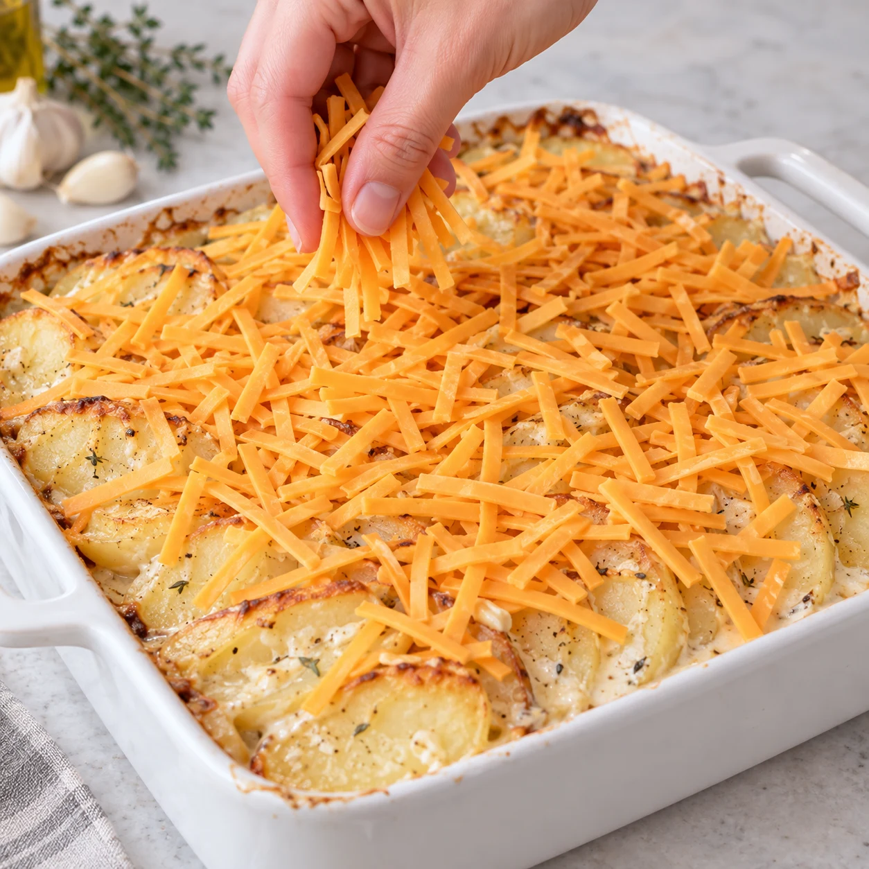Main anonyme répartissant des lanières végétales orangées sur les pommes de terre crémeuses déjà cuites, sans persil. Les tranches végétales façon cheddar sont orangées ; aucune matière laitière.