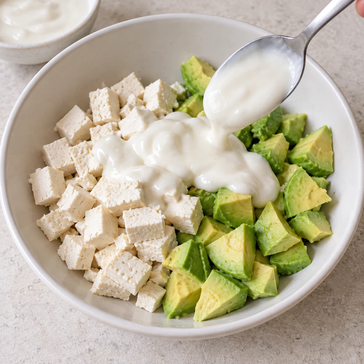 Deux cuillères de crème de soja fermentée lisse, blanche, sans grains laitiers ; tofu nature stérilisé et avocat encore séparés.