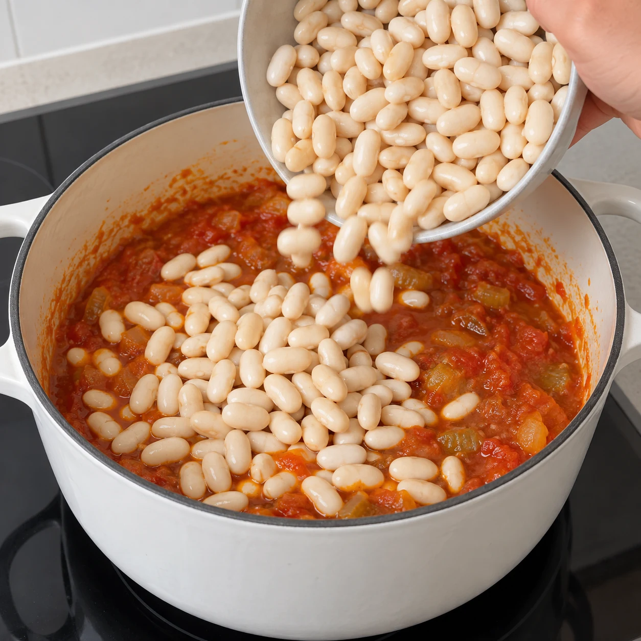 Bol de haricots blancs trempés incliné au-dessus de la sauce tomate épicée, sans viande.