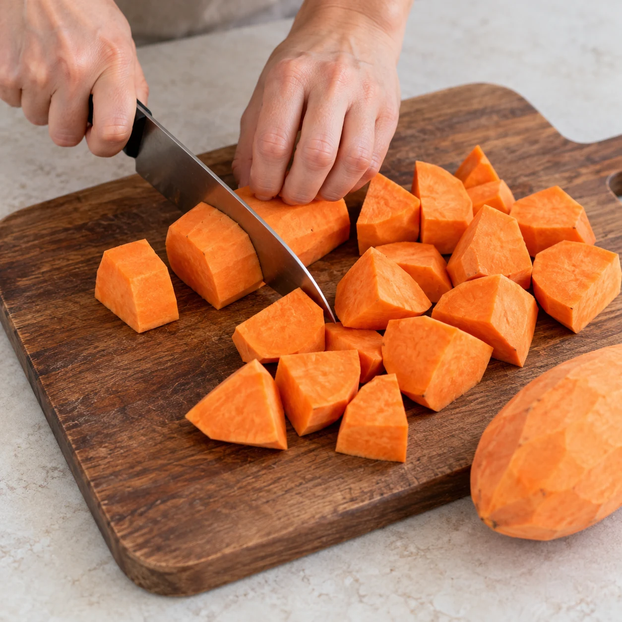 Couteau coupant une patate douce orange en gros morceaux, prise en griffe sûre.