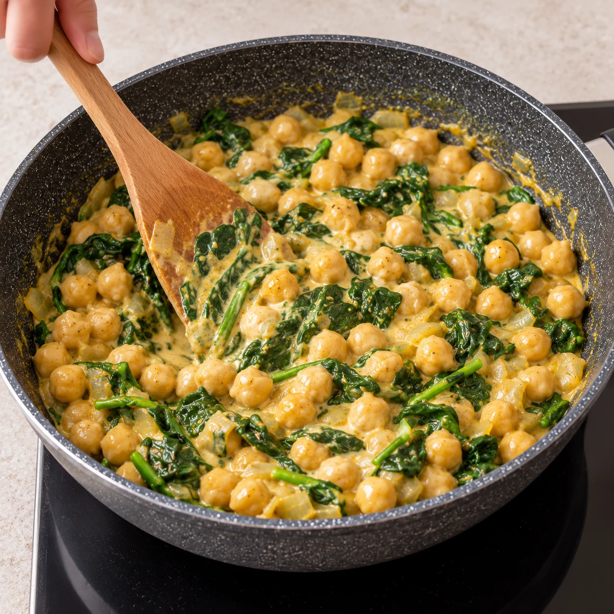 Spatule en bois remuant les pois chiches, épinards cuits et oignon dans la sauce crémeuse.