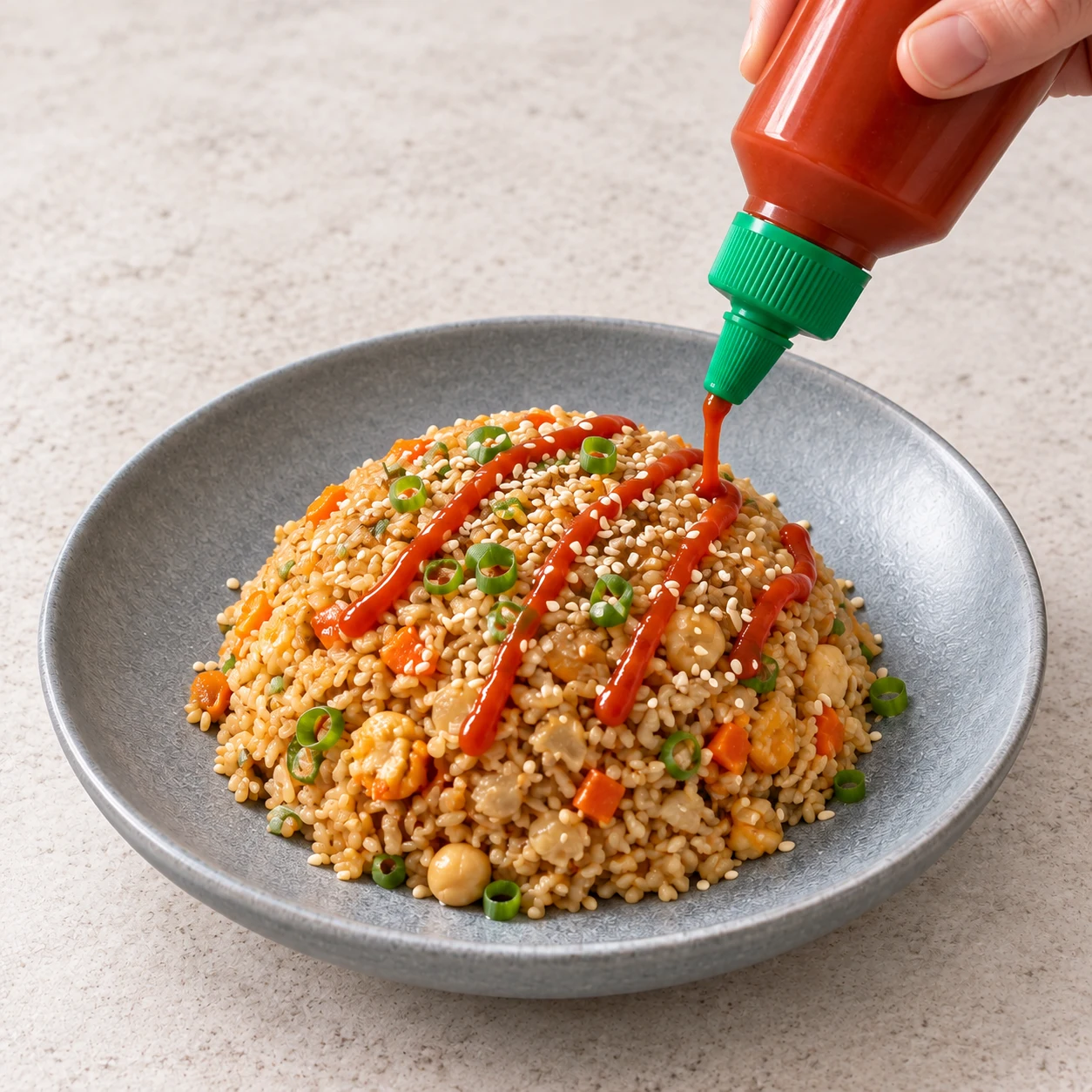 Répartissez le riz sauté dans deux assiettes, en le tassant dans un bol puis en le démoulant si vous souhaitez la forme de la recette d’origine. Parsemez d’un peu de graines de sésame et ajoutez un peu de sriracha. État attendu : Deux assiettes de riz sauté sont garnies de sésame et de traits de sriracha. Une seule scène de cuisine, sans personne identifiable.