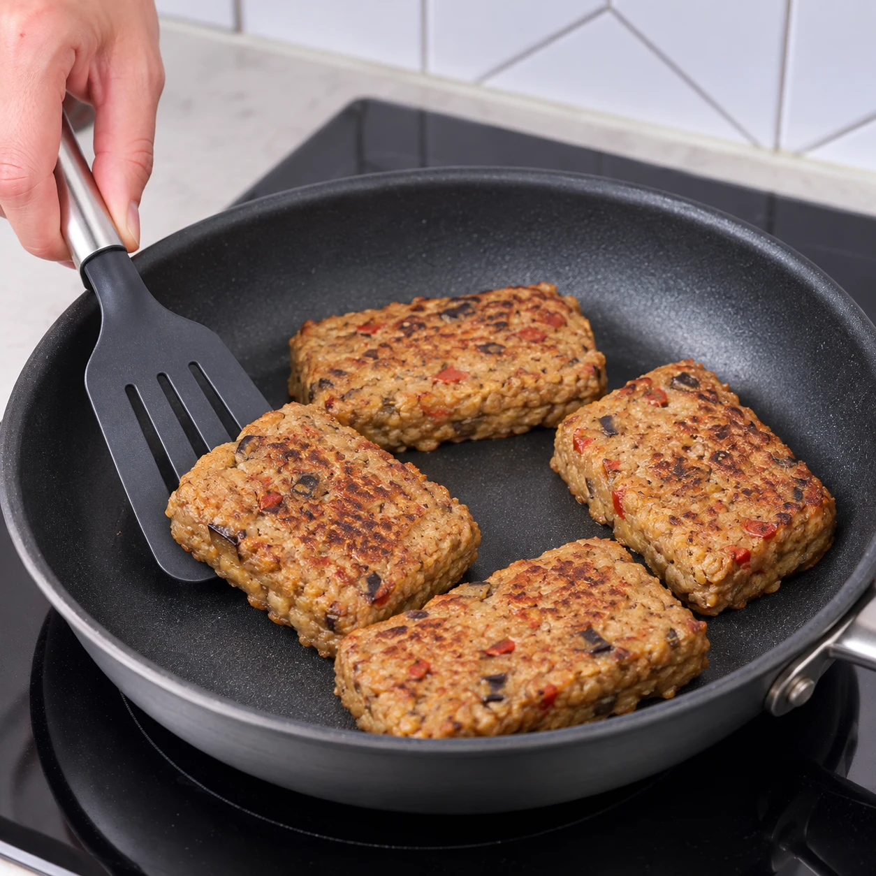 Carrés de blé au seitan et légumes, brun beige et légèrement dorés, réchauffés entiers dans une poêle antiadhésive sans huile ; aucun tofu ni viande.