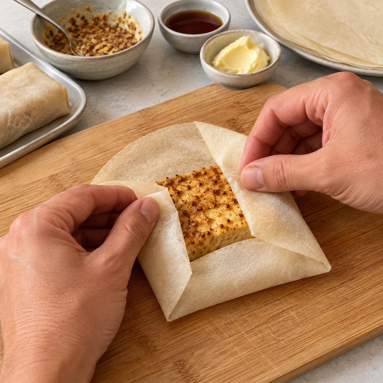 Deux mains adultes anonymes replient une feuille de brick sèche autour d’un pavé de tofu doré ; geste rapproché sur une planche stable.