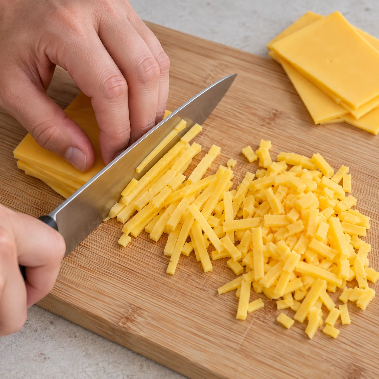 Découpe de tranchettes jaunes de cheddar végétal en petits fragments sur une planche stable ; prise sûre, aucun fromage laitier.