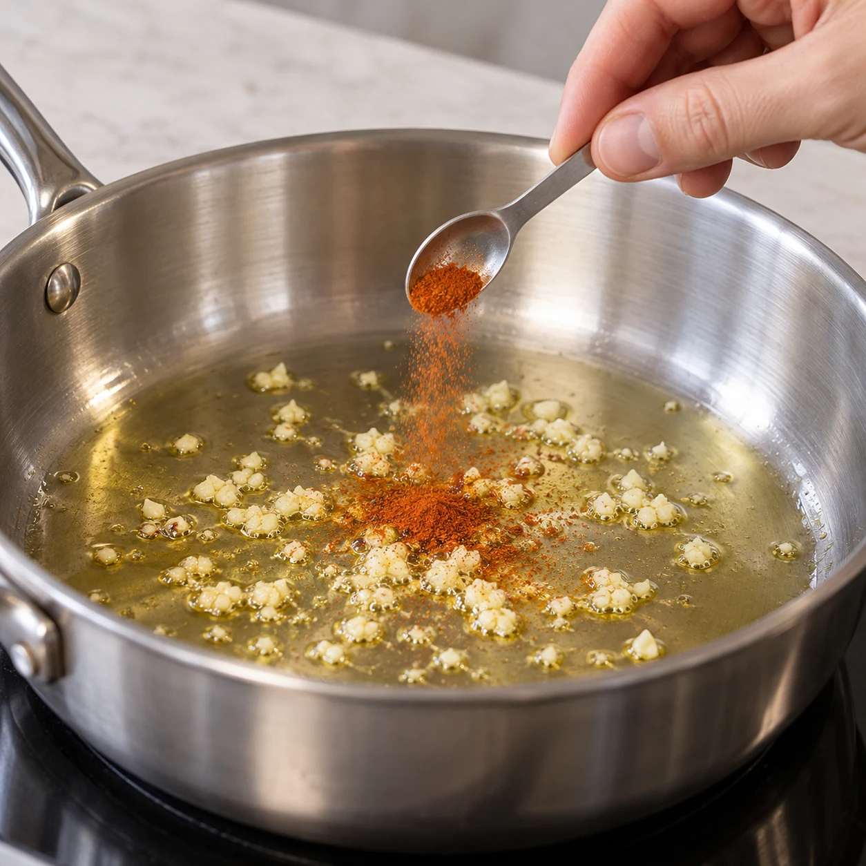 Une petite dose de poudre rouge de piment de Cayenne est ajoutée à l’ail dans la poêle huilée ; aucun flocon, aucune pâte de piment.