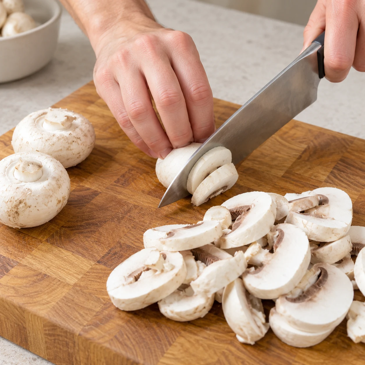 Champignons de Paris blancs tranchés en lamelles épaisses sur une planche en bois, main adulte anonyme tenant un champignon en griffe.