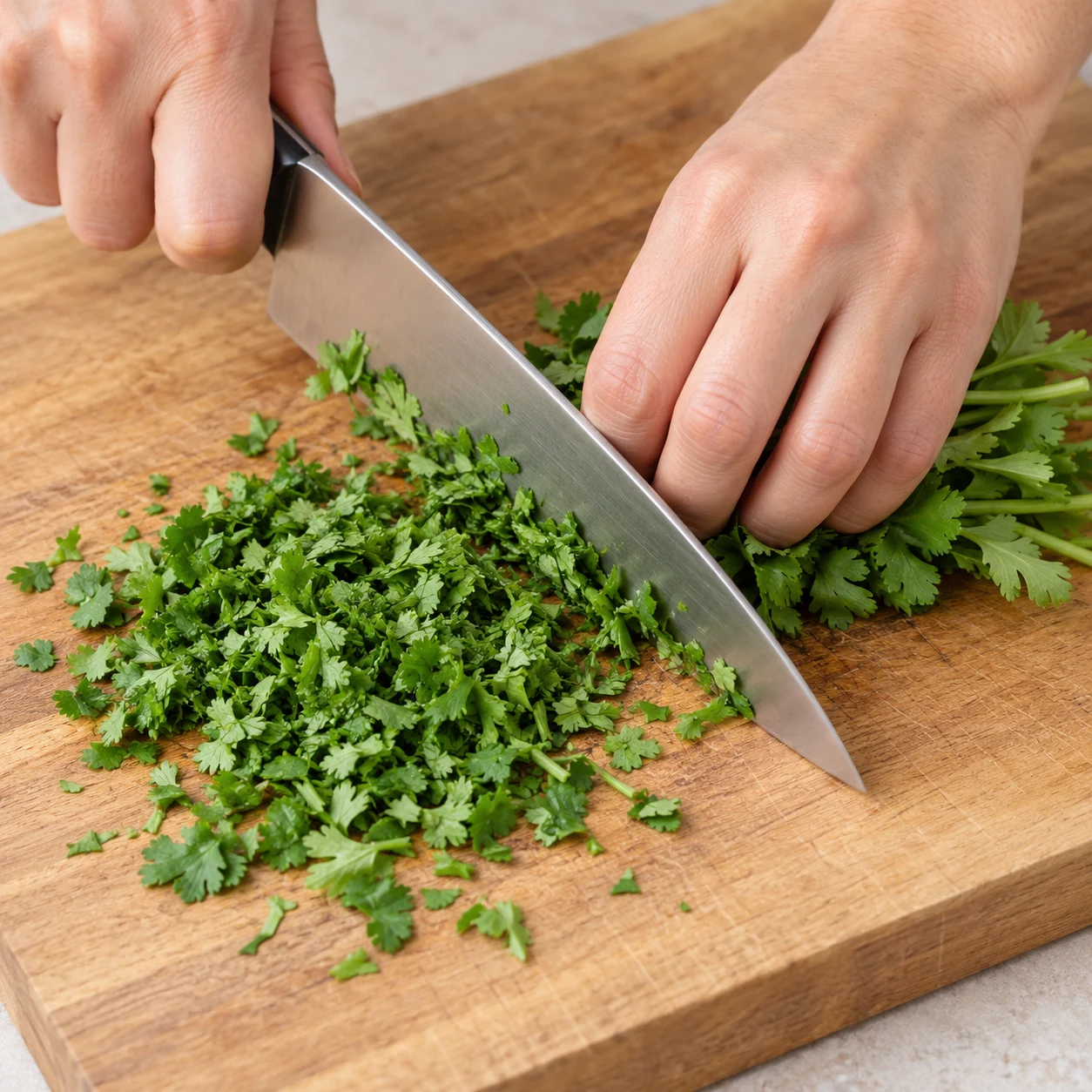 Petit bouquet de coriandre verte finement ciselé sur une planche, doigts protégés.