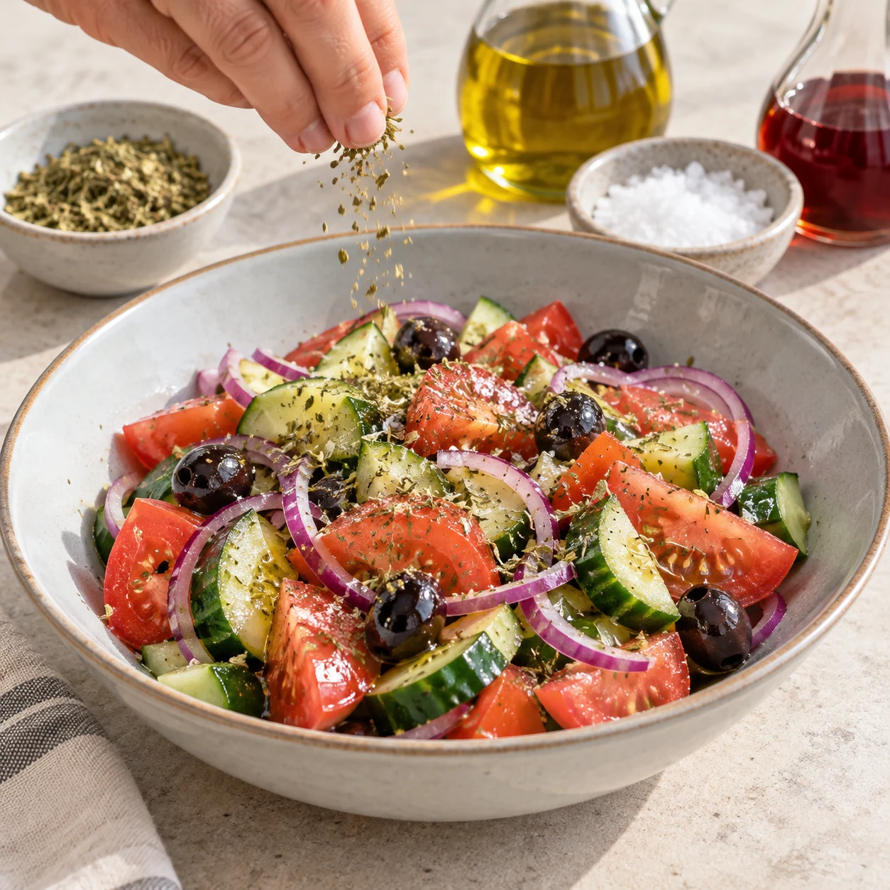 Une main parsème l’origan séché sur la salade de tomates, concombre, oignon et olives, sans fromage.