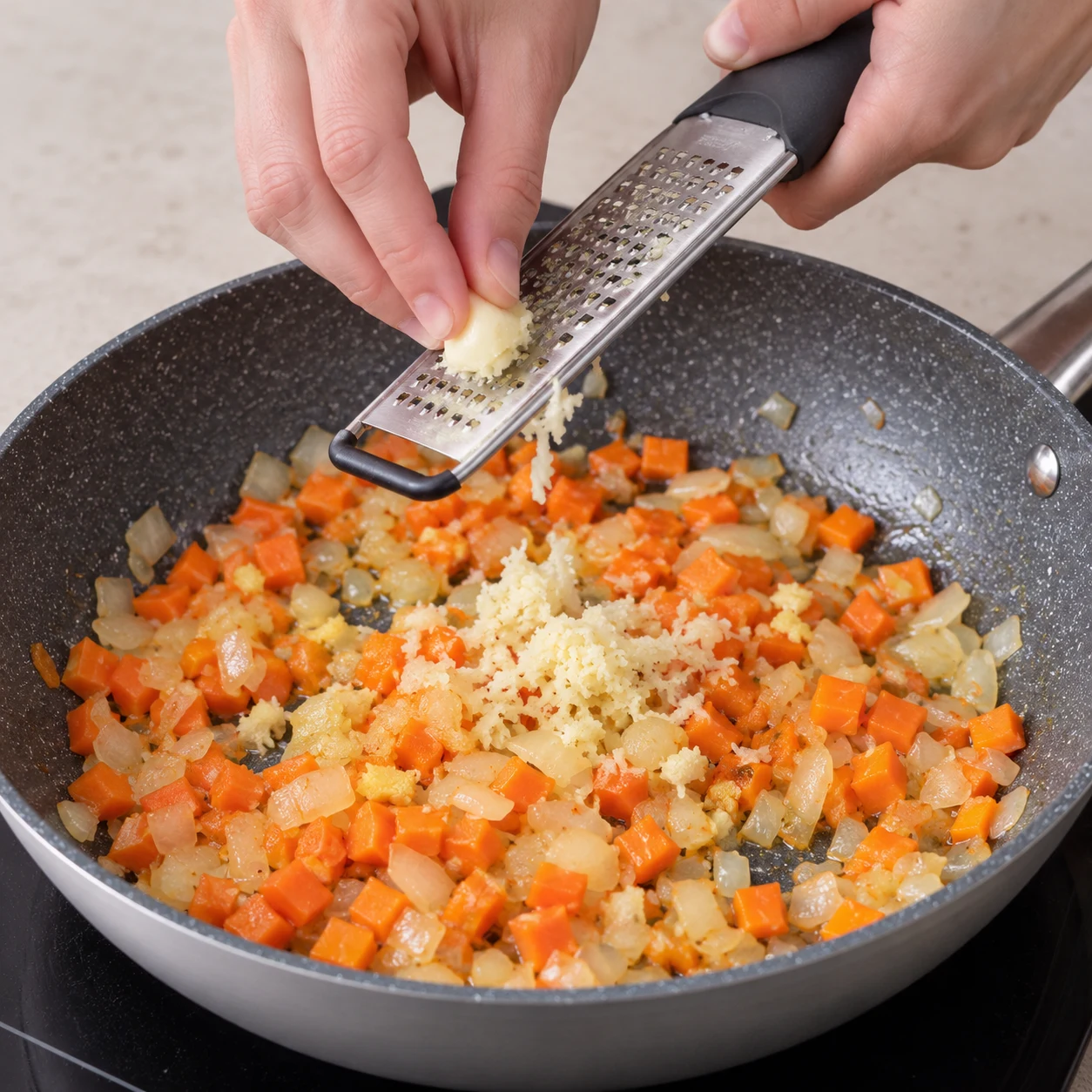 Râpez les deux gousses d’ail au-dessus de la sauteuse, sans approcher les doigts de la surface coupante. État attendu : Les deux gousses sont râpées sur les légumes. Une seule scène de cuisine, sans personne identifiable.