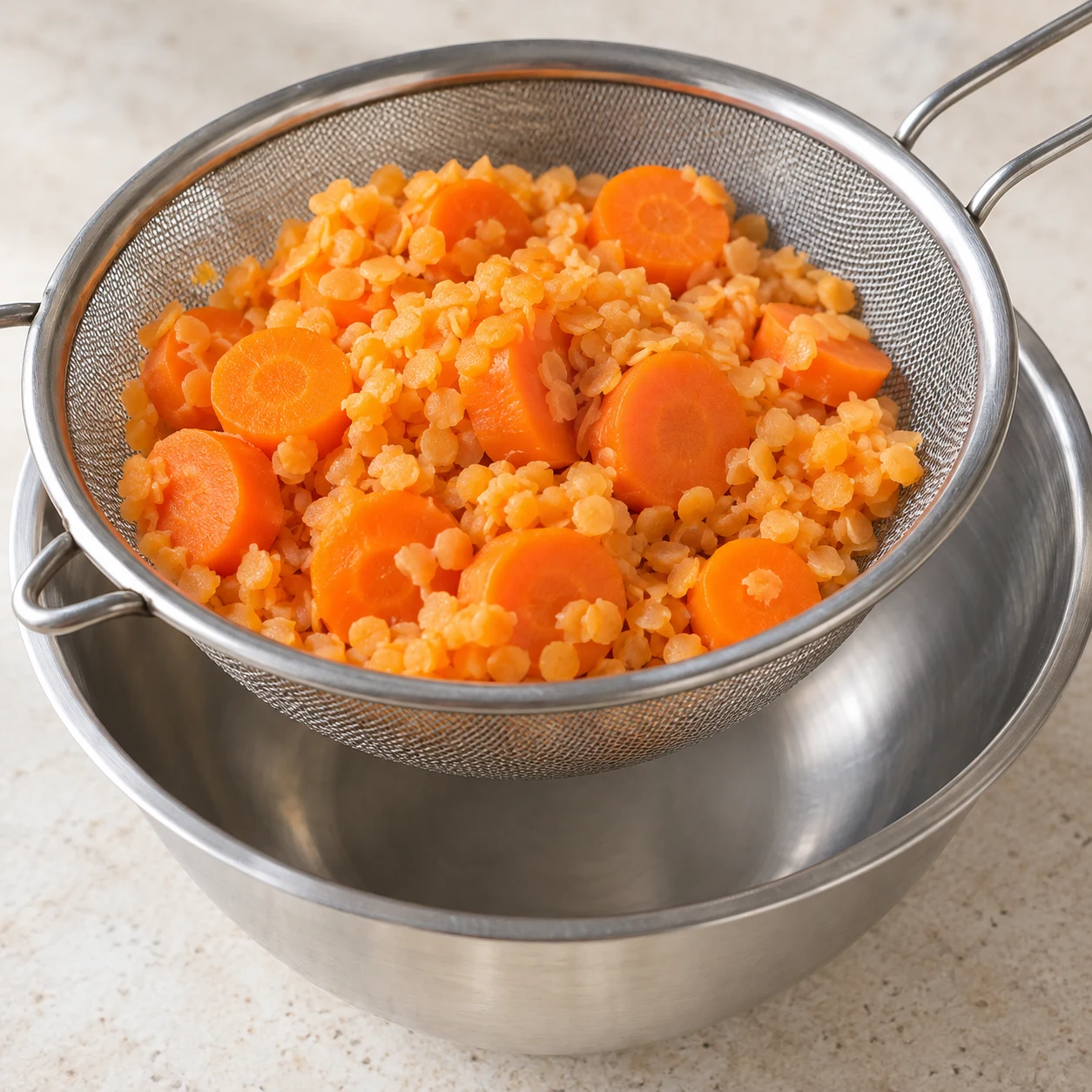Égoutter les légumes et les lentilles pour les nuggets de lentilles corail et carottes