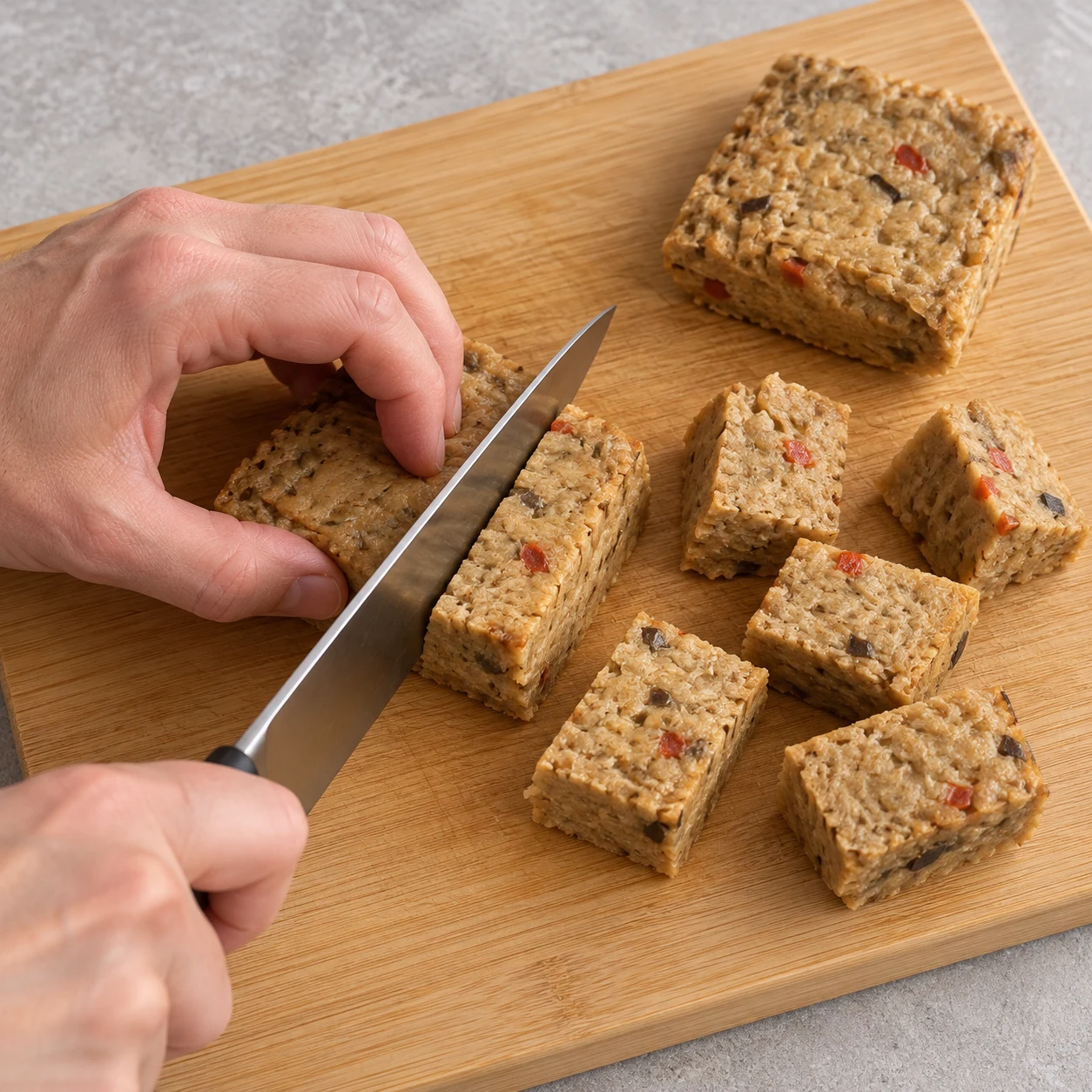 Un couteau découpe des carrés de seitan cuisinés beige brun, avec petits points d’aubergine et de poivron, en gros morceaux. Geste sûr sur planche, doigts repliés. Aucun bloc blanc de tofu.