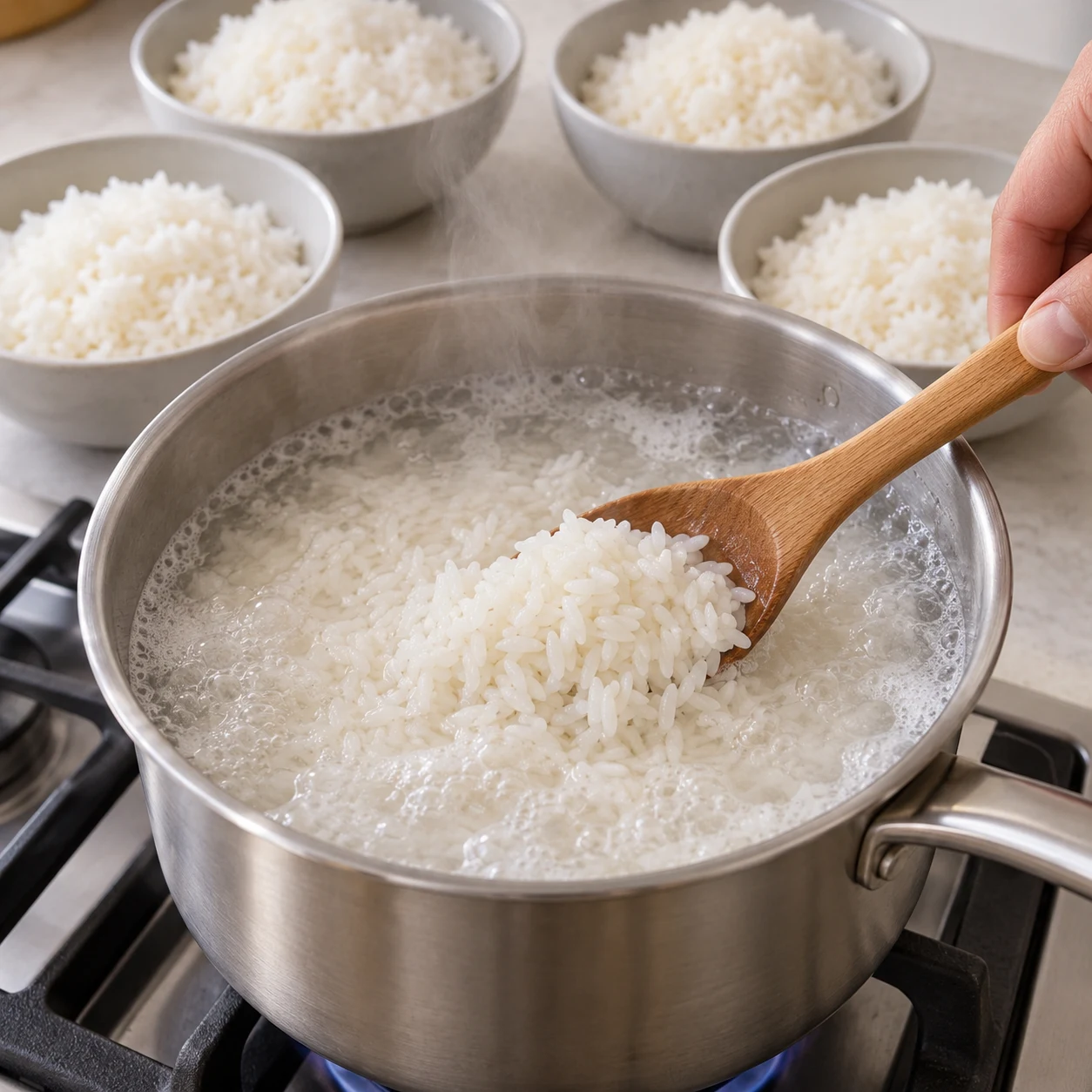 Prépare les quatre portions de riz. Pour le riz blanc retenu, plonge-le dans l’eau bouillante et laisse mijoter 8 minutes, selon sa notice. Résultat : Le riz est chaud, hydraté et les grains restent distincts.