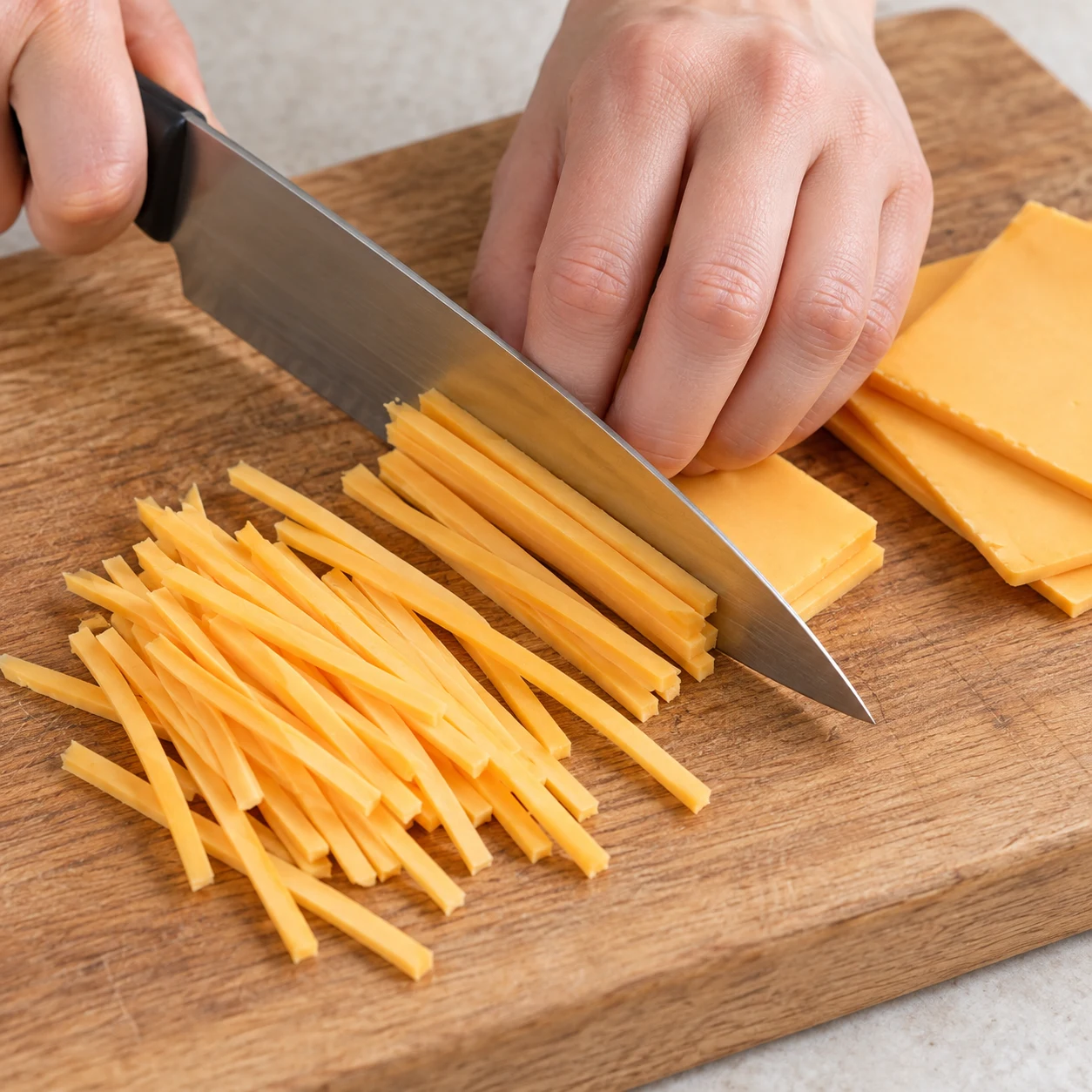 Vue rapprochée de fines tranchettes orange clair de fromage végétal découpées en lanières sur une planche ; couteau et mains anonymes avec prise en griffe sûre.