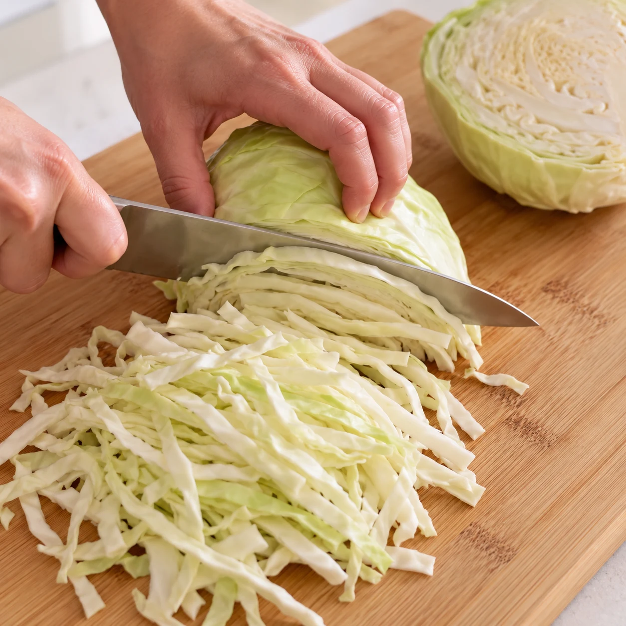Chou blanc émincé au couteau sur une planche, prise en griffe.