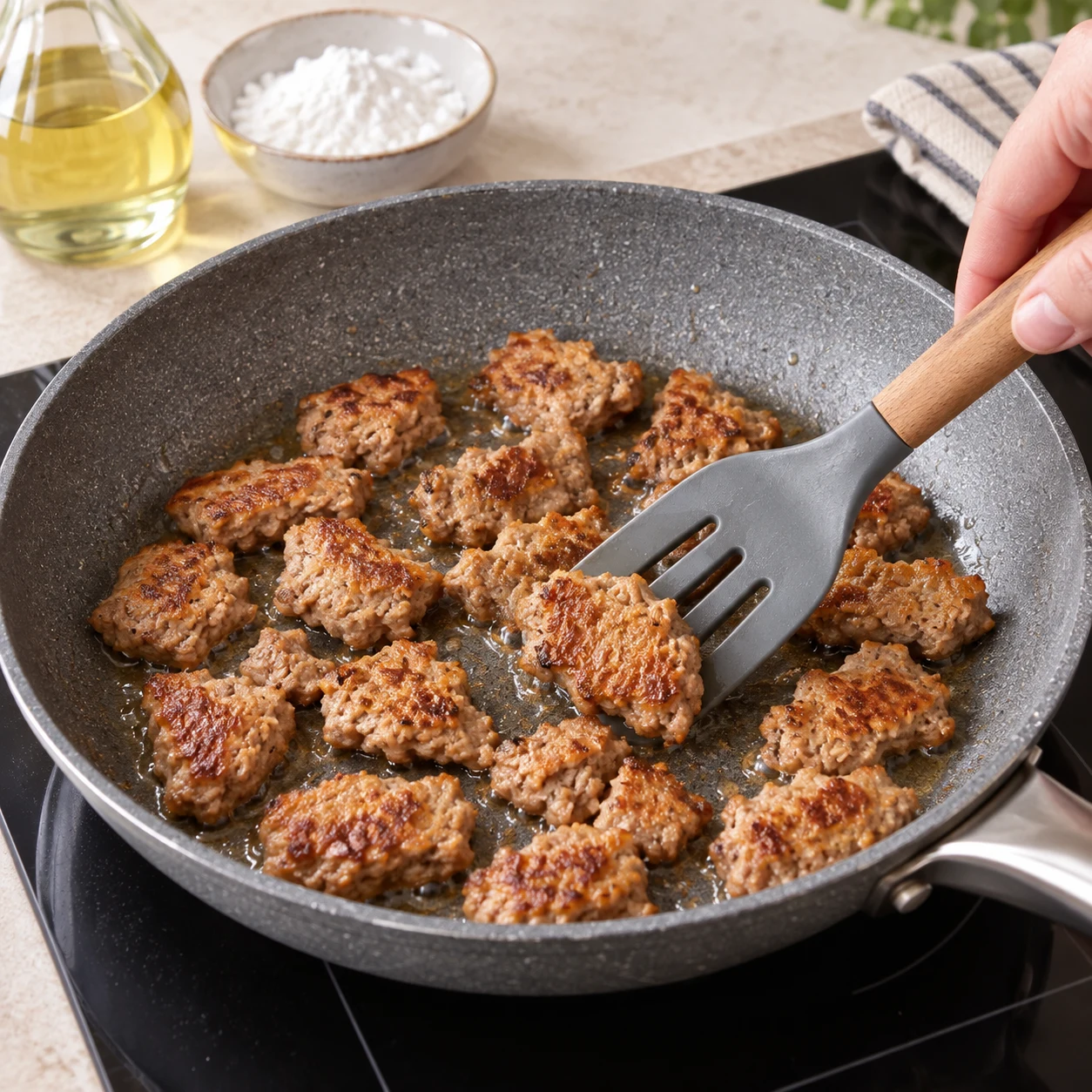 Faites dorer les bouchées dans une poêle huilée, en les retournant. Cuisez-les à cœur selon les indications de leur emballage avant d’ajouter la sauce. La protéine est un steak de pois à texture hachée dense, brun rosé avant cuisson, brun doré après cuisson, en morceaux irréguliers de l’épaisseur d’un steak ; jamais du tofu blanc.