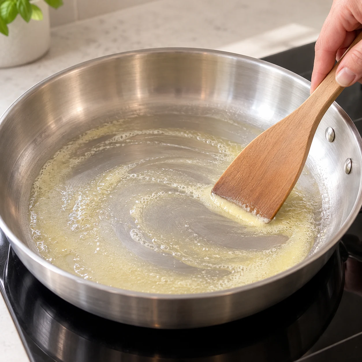 Petite noix de margarine végétale fondant dans une grande poêle inox, phase de graissage seule.