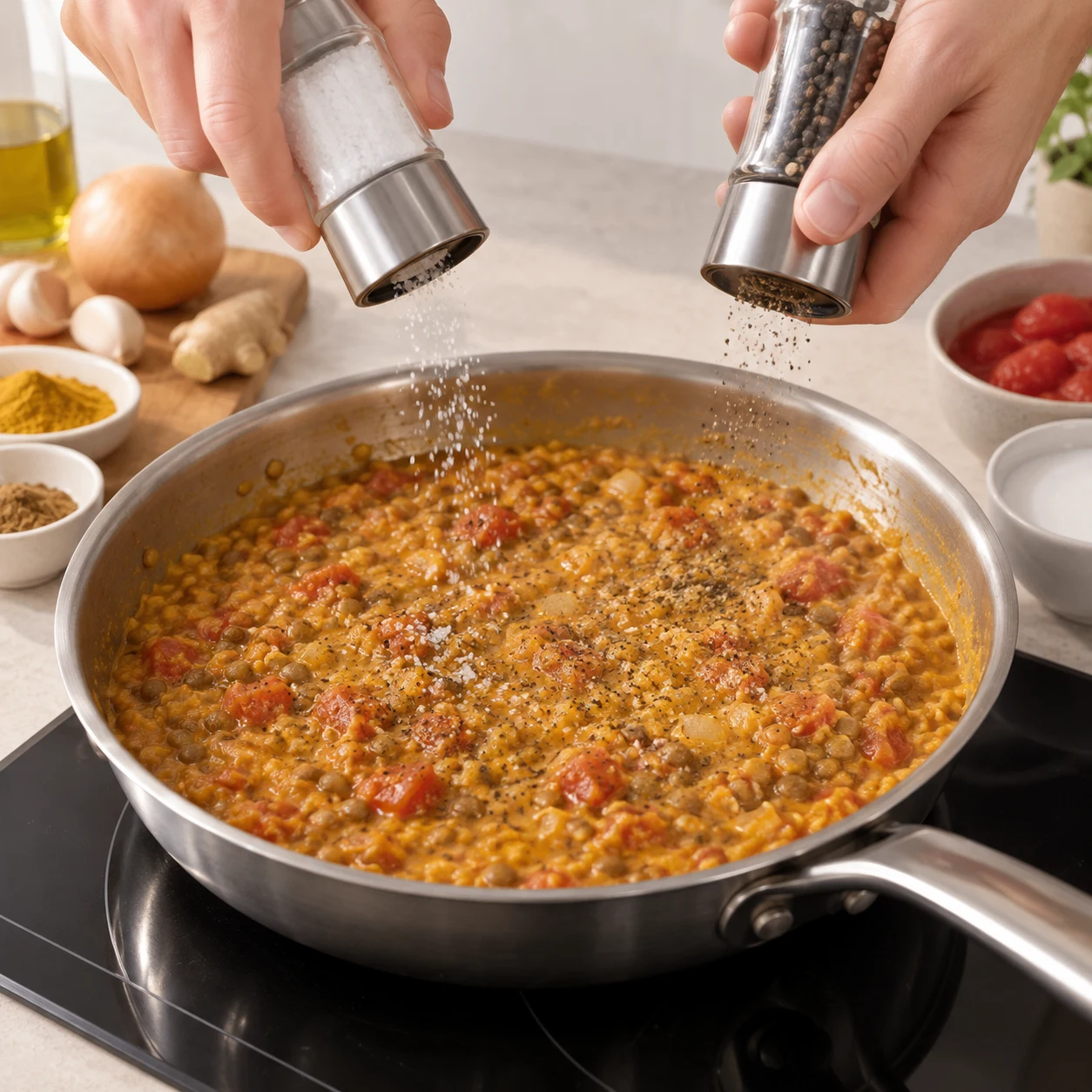 Sale et poivre le dhal selon le goût. Montrer : Le sel et le poivre sont répartis dans la préparation. Aucun poisson.