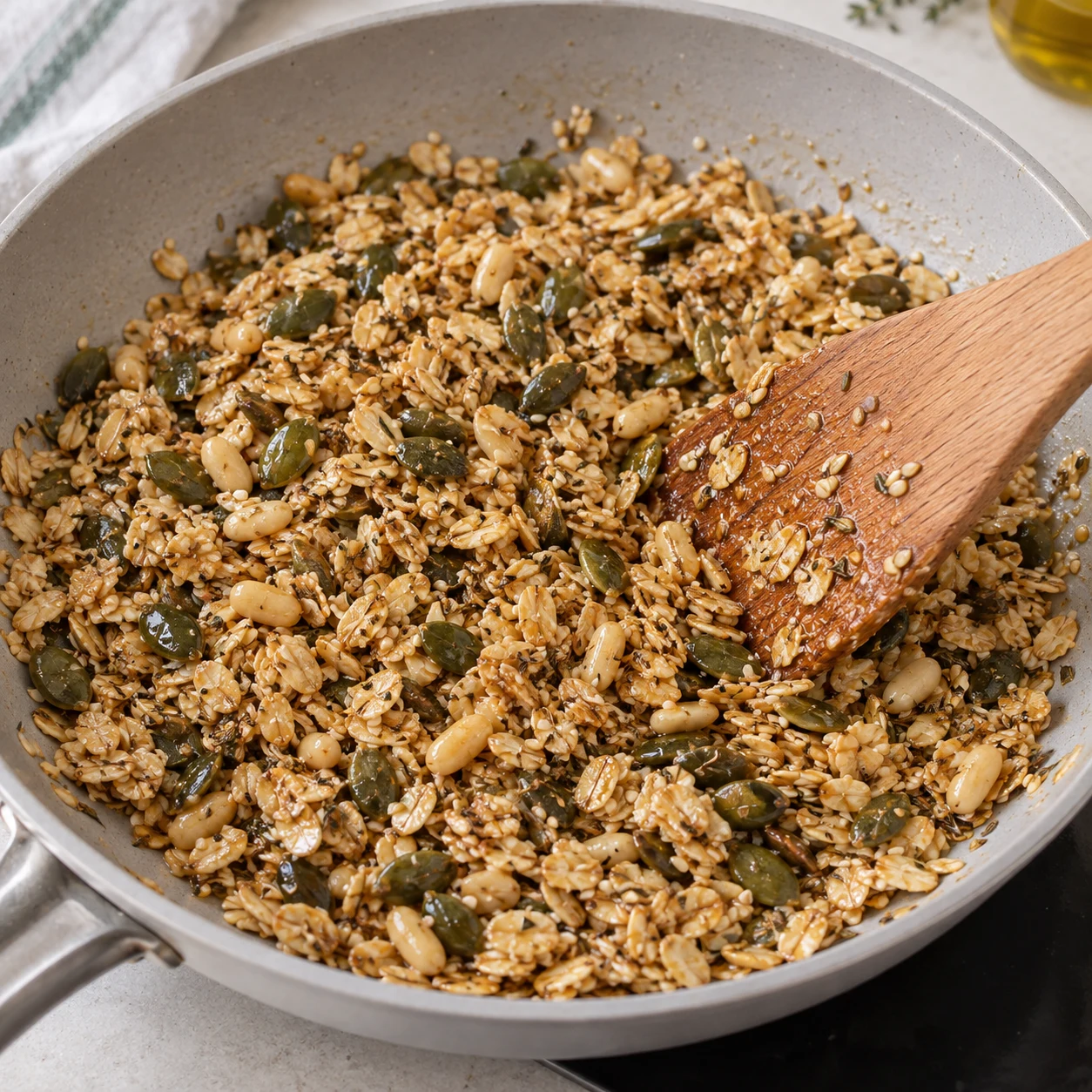 Au crépitement, ajoute 1 c. à soupe d’huile d’olive et 1 c. à soupe de sirop d’érable, puis mélange pour enrober. Ne montrer que le granola, aucune tomate ni base blanche. Geste décrit par la recette d’origine, non filmé.