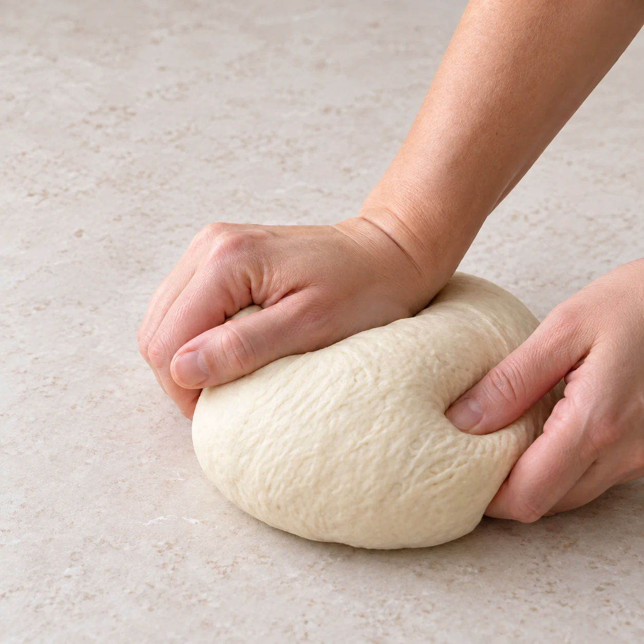 Pétrir la pâte. La surface de la pâte est lisse et la boule se tient.