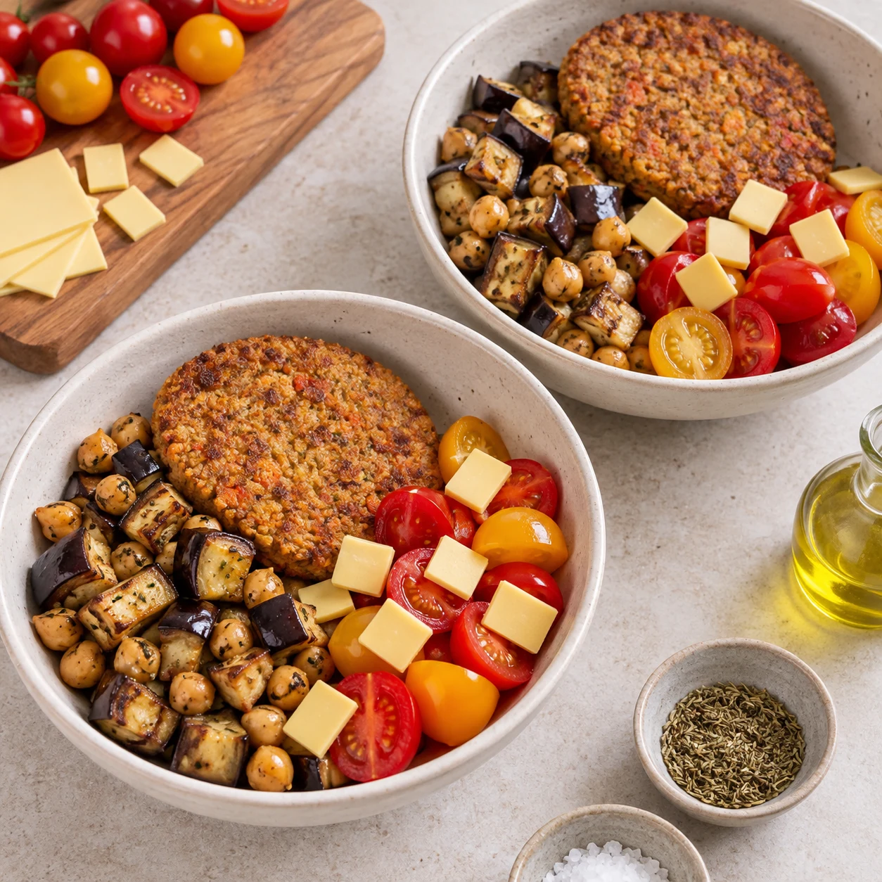 Deux bols : aubergine et pois chiches grillés, une galette de boulgour par bol, tomates rouges et jaunes coupées, petits carrés de fromage végétal jaune. Pas encore de menthe.