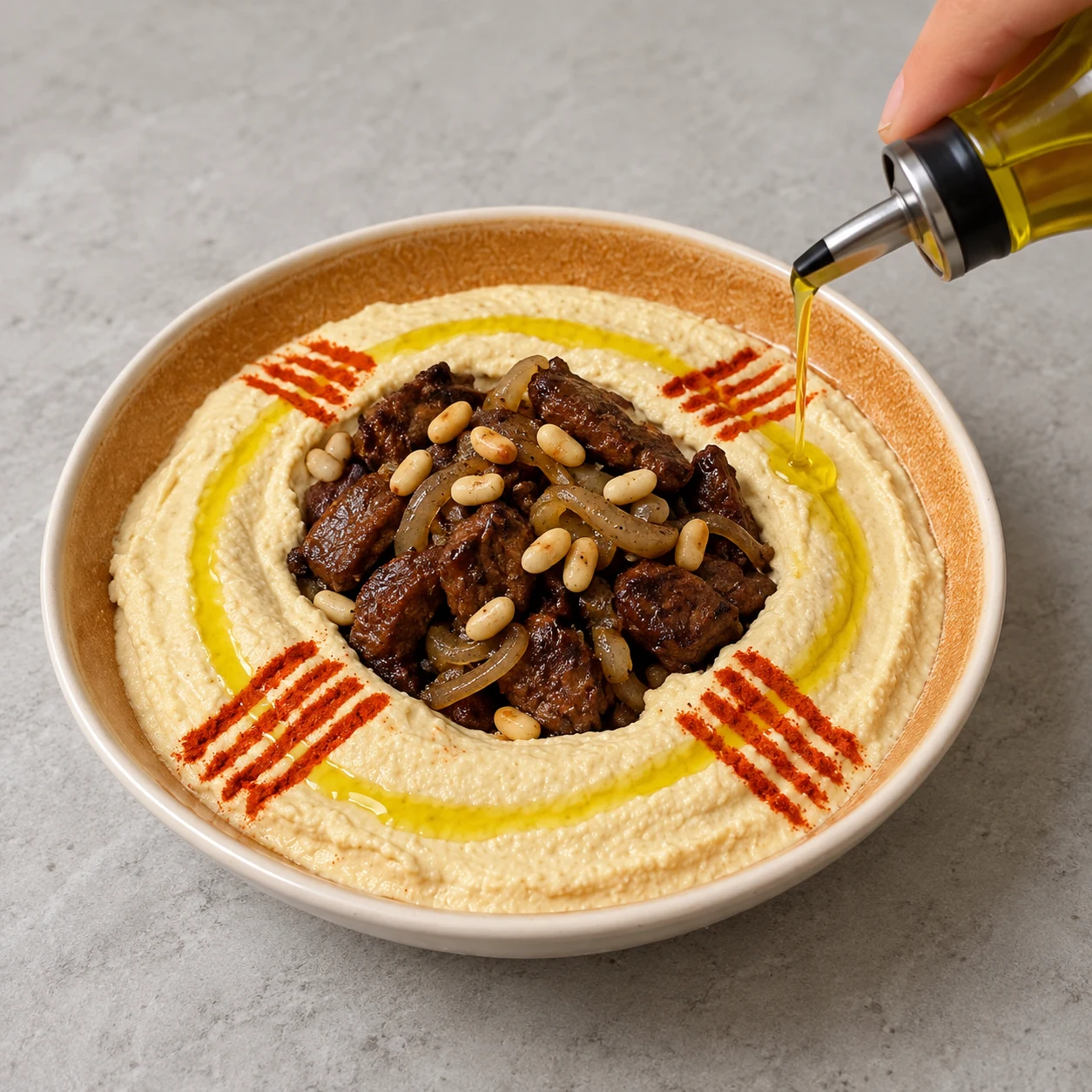 Verser un filet d’huile d’olive autour de la garniture. Montrer seulement les ingrédients de cette phase, dans une mise en scène claire et anonyme.