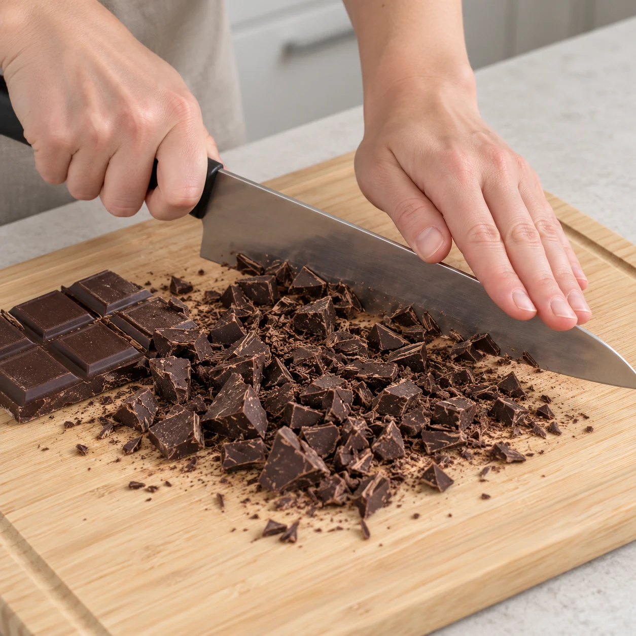 Mains adultes anonymes concassant une tablette de chocolat noir avec un couteau sur une planche stable ; pas de chocolat blanc.
