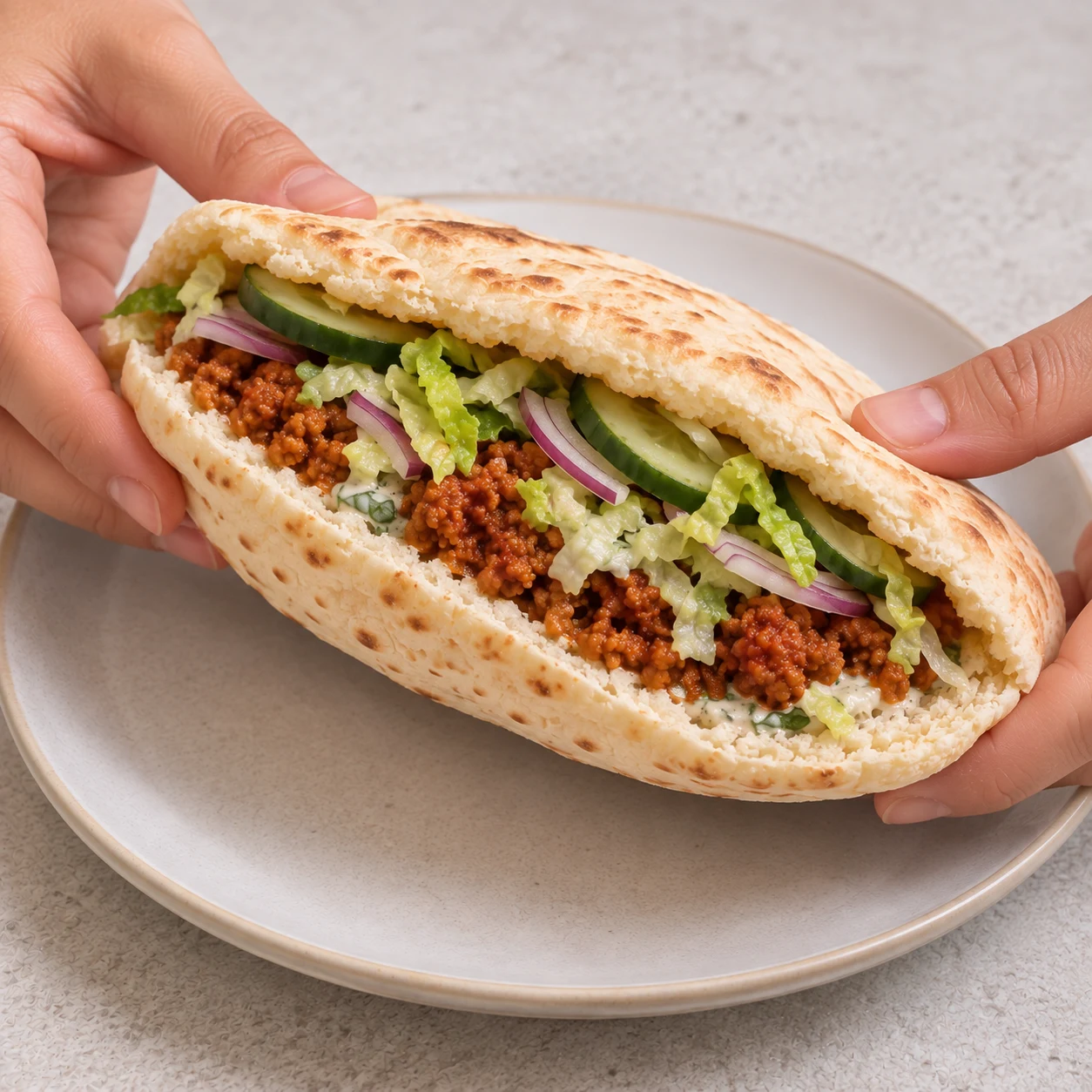 Sandwich pita fermé dont la tranche montre le haché de soja et les légumes.