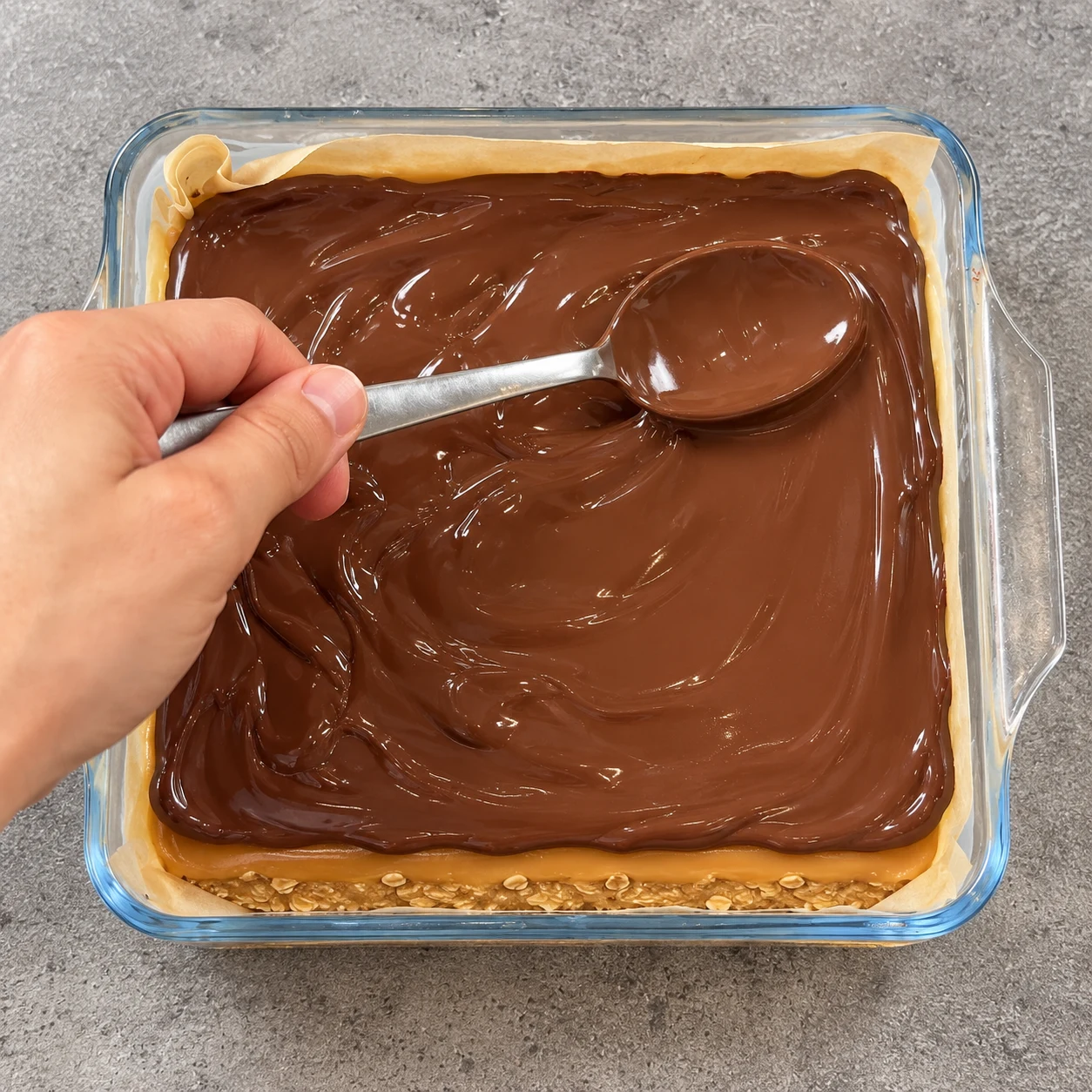 Cuillère étalant le chocolat fondu sur le caramel, trois couches visibles au bord, même moule chemisé.