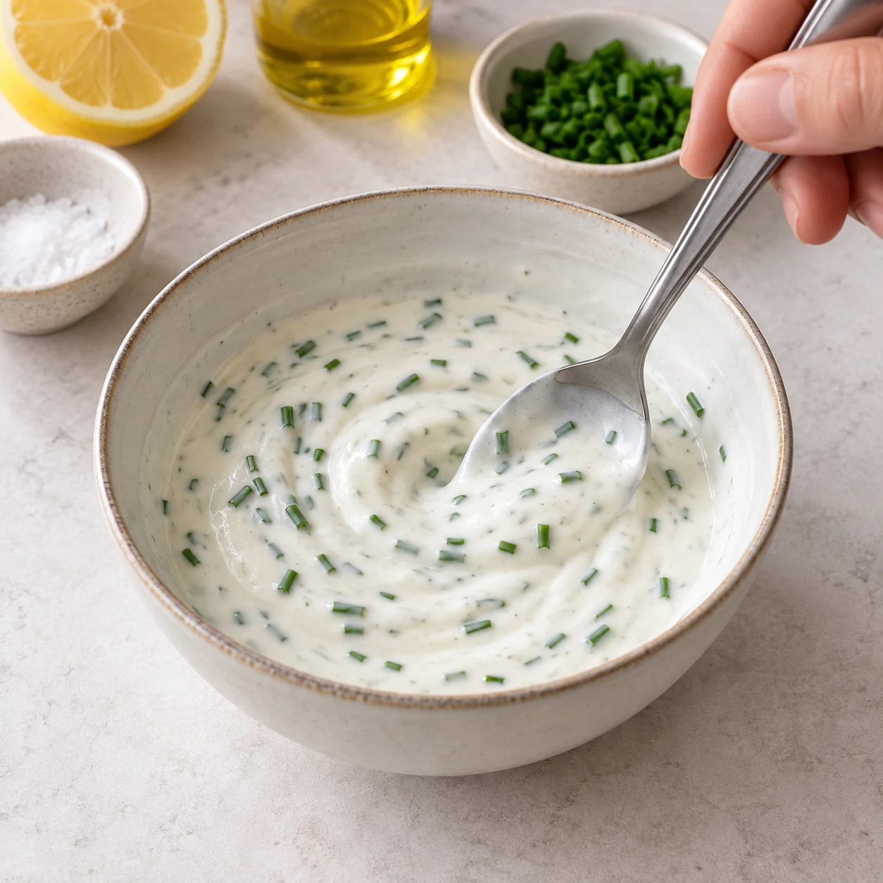 Sauce blanche fluide au yaourt de soja, citron et petits brins de ciboulette, mélangée à la cuillère dans un bol neutre.