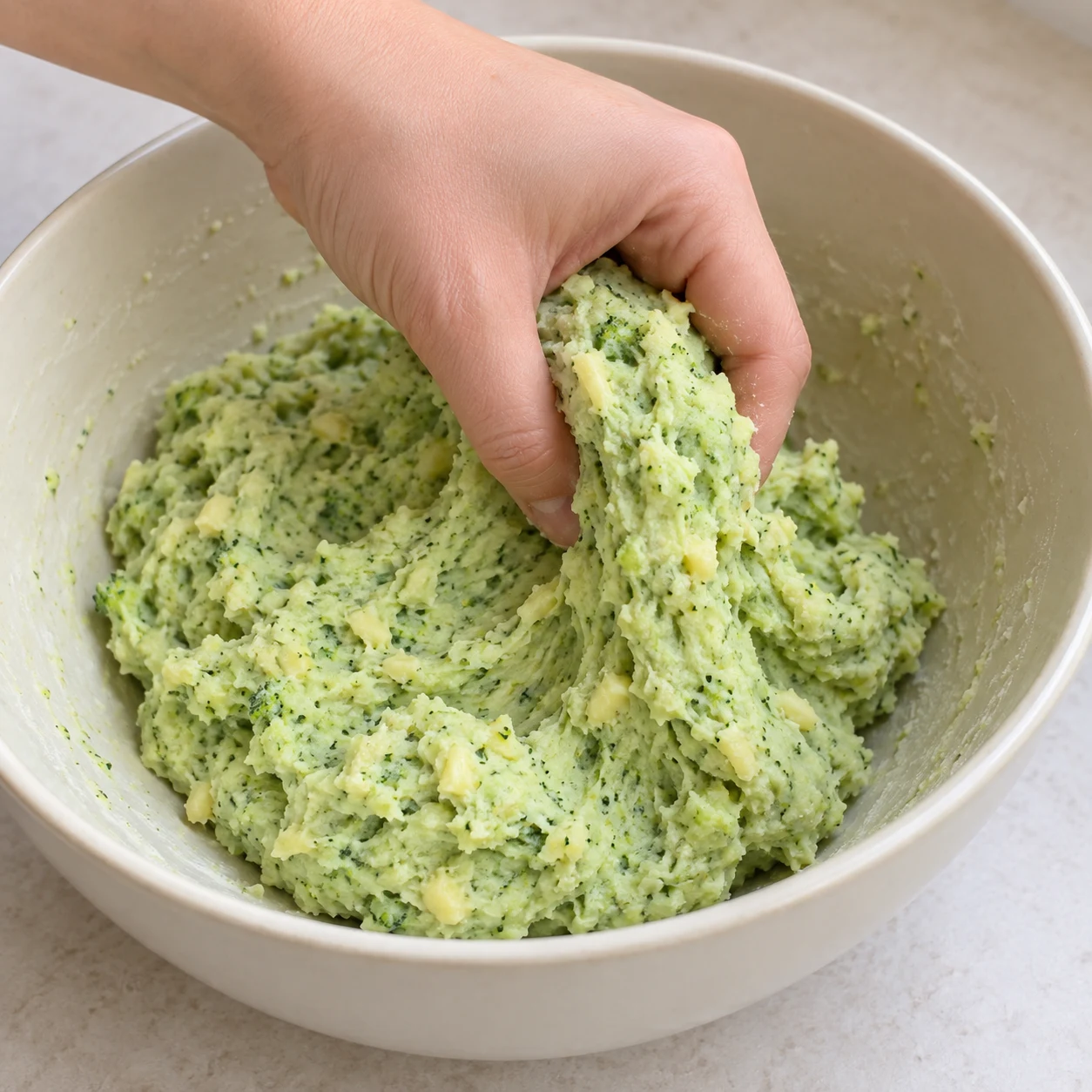 Main anonyme mélangeant une pâte verte de pommes de terre et brocoli avec fécule et petits fragments jaune clair.