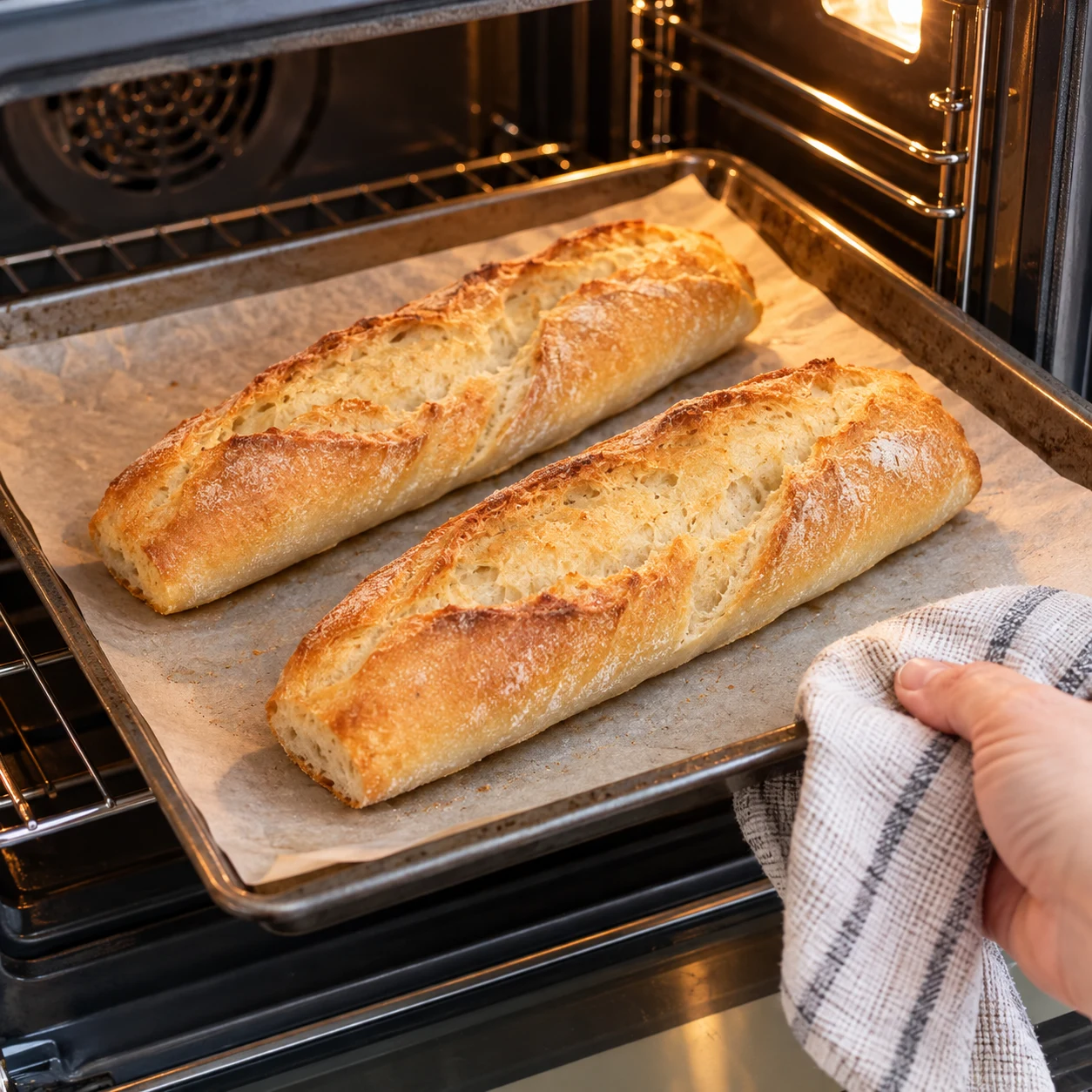 Une seule photographie carrée : demi-baguettes blanches en fin de cuisson dans un four sur une plaque sans emballage, croûte dorée, pas encore coupées ni grillées en tranches, aucun autre aliment. Lumière claire, cuisine neutre, aucun texte ni logo, aucune personne identifiable.
