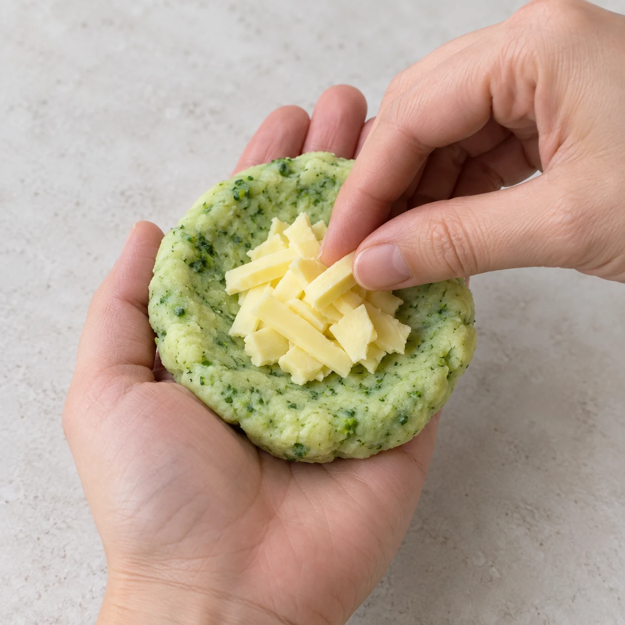 Disque vert tenu dans une paume, avec un petit cœur de tranchettes végétales jaune clair.