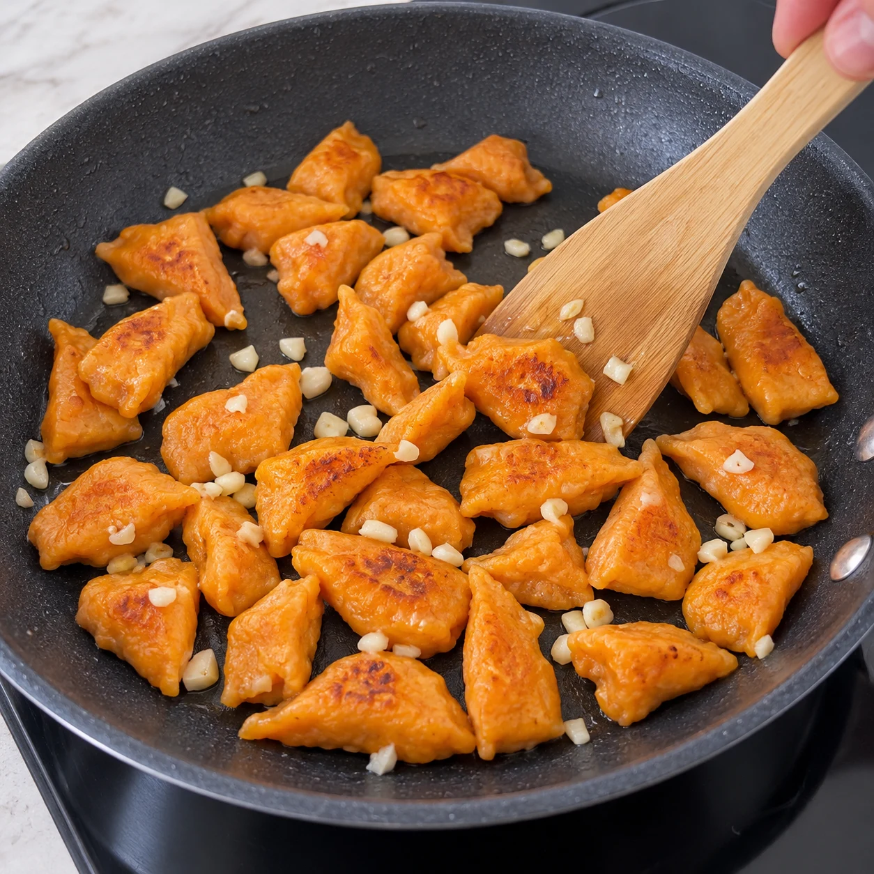 Petits morceaux d’ail parmi les gnocchis dorés, spatule dans une poêle.