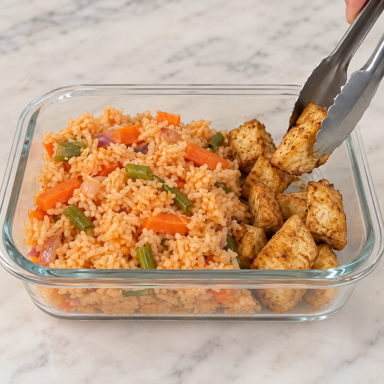 Une pince anonyme dépose du tofu irrégulier doré à côté du riz orangé aux légumes dans un récipient en verre ; aucune sauce.