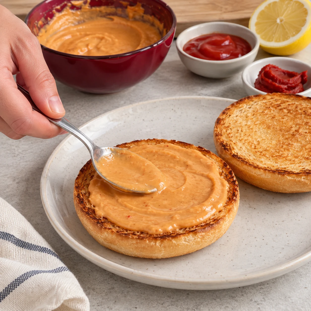 Cuillère étalant la sauce cacahuète orangée sur la mie grillée.