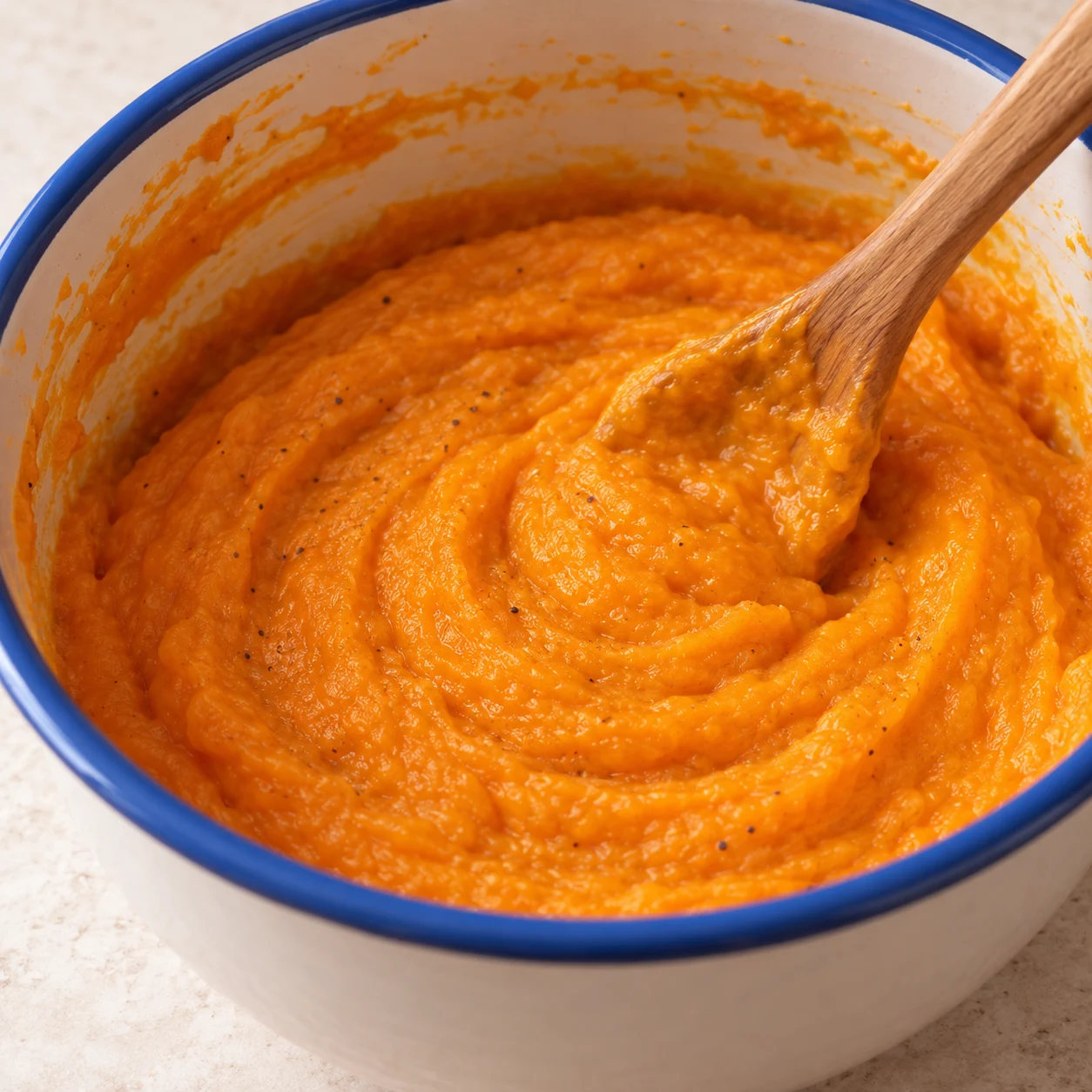 Une photographie pédagogique du geste « Terminer la purée » et de son résultat : La purée est homogène et on ne distingue plus de morceaux de margarine. Fidélité aux ingrédients végétaux finaux, sans autre ingrédient.