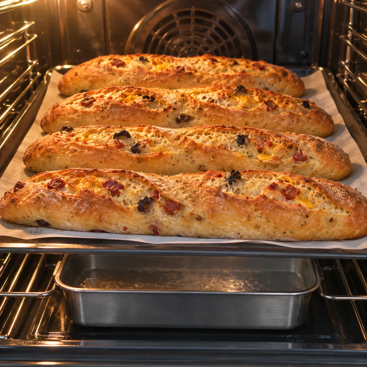 Cuire les baguettes. Les baguettes sont bien dorées, avec une entaille ouverte et sans surface brûlée. Respecter la capture source ; chorizo et cheddar uniquement végétaux, aucune autre garniture.